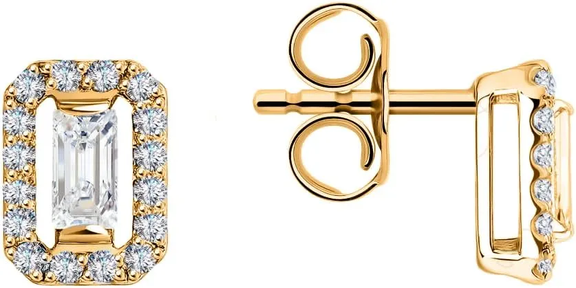 14K Gold Plated Sterling Silver Halo baguette Stud Earrings for Women - Minimalist 925 Stud Earring.