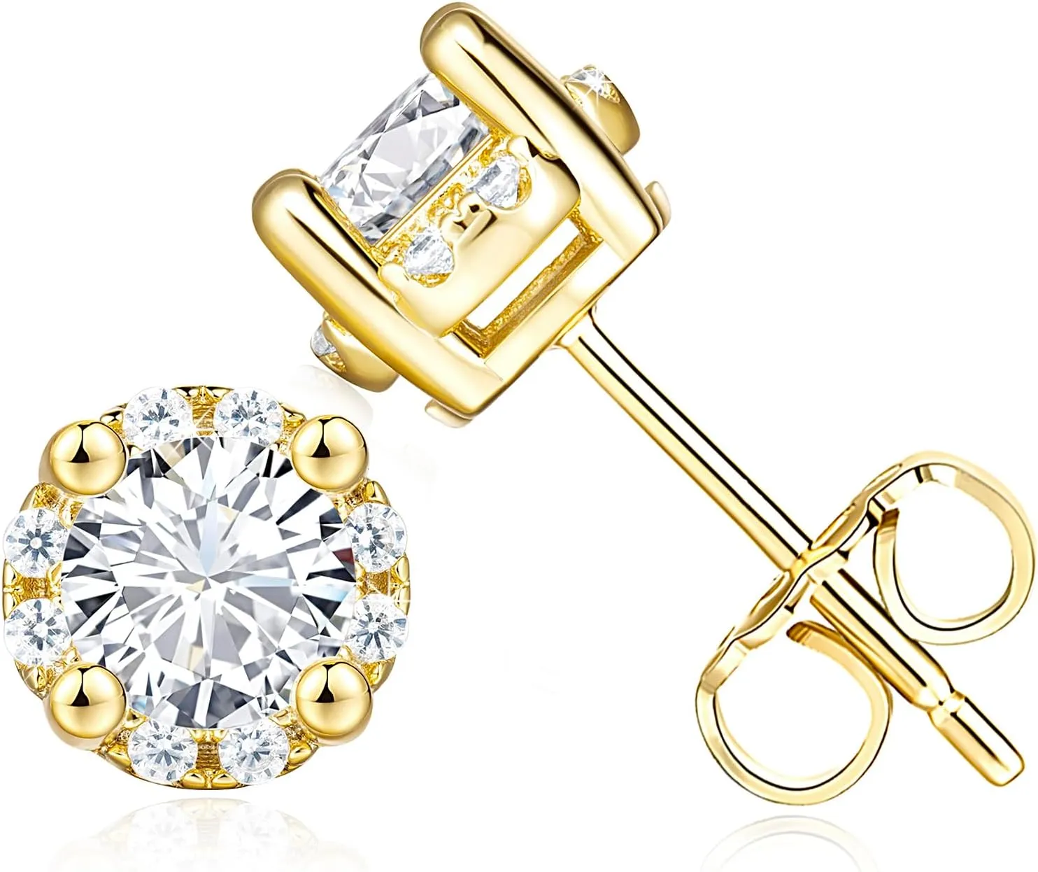 14K Gold Stud Earrings For Women Round Radiant Gold Earrings Studs Small Stud Earring Premium Cubic Zirconia Earring Small Studs Lightweight 7MM 1.6G