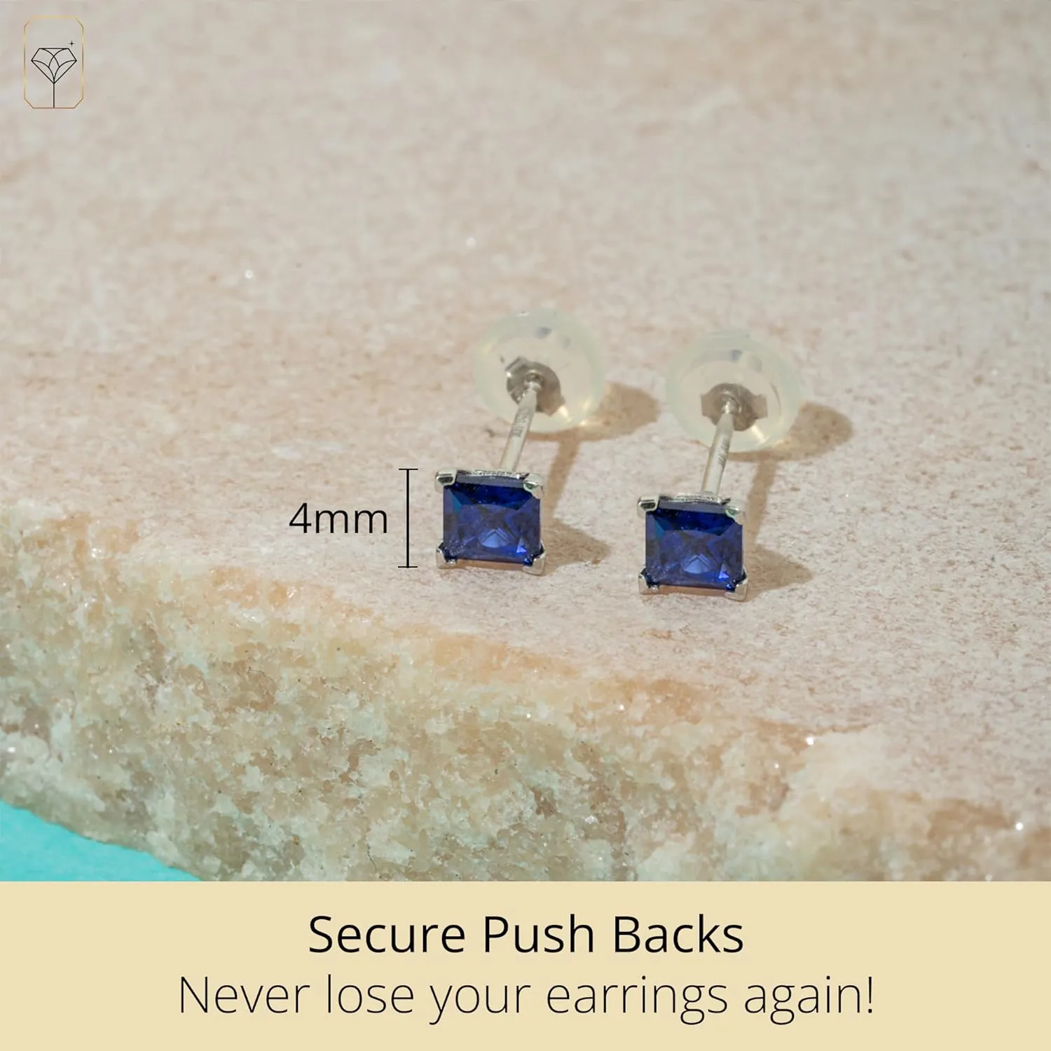 14k White or Yellow Gold Square Stud Earrings for Women with Princess Cut Gemstone 4 mm Birthstone and Push Backs by MAX   STONE
