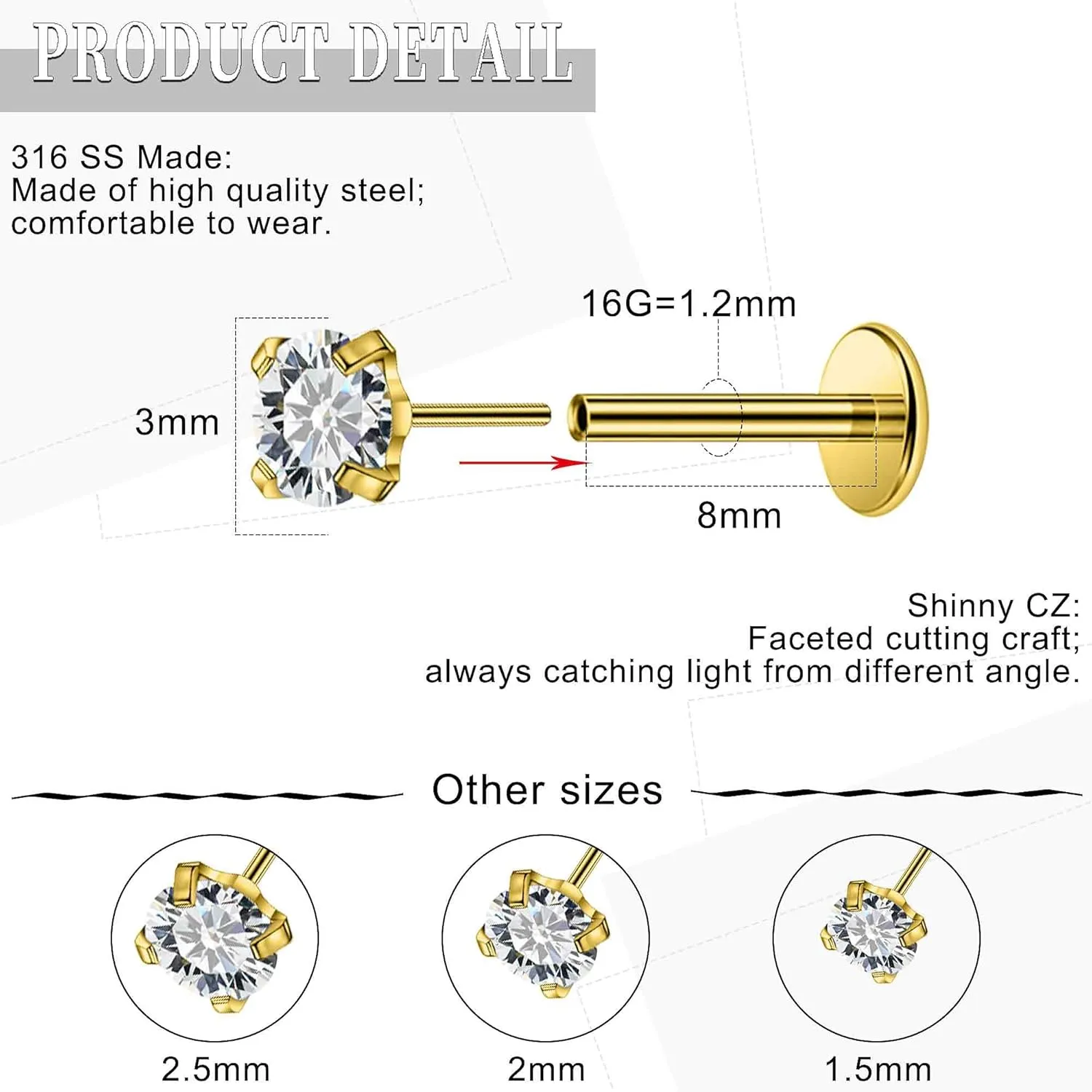 16G 18G 20G Threadless Flat Back Nose Ring Studs Earrings 316L Stainless Surgical Steel Tragus Helix Cartilage Earrings Medusa Labret Lip Rings Piercing Jewelry For Women Men CZ 1.5mm-3mm