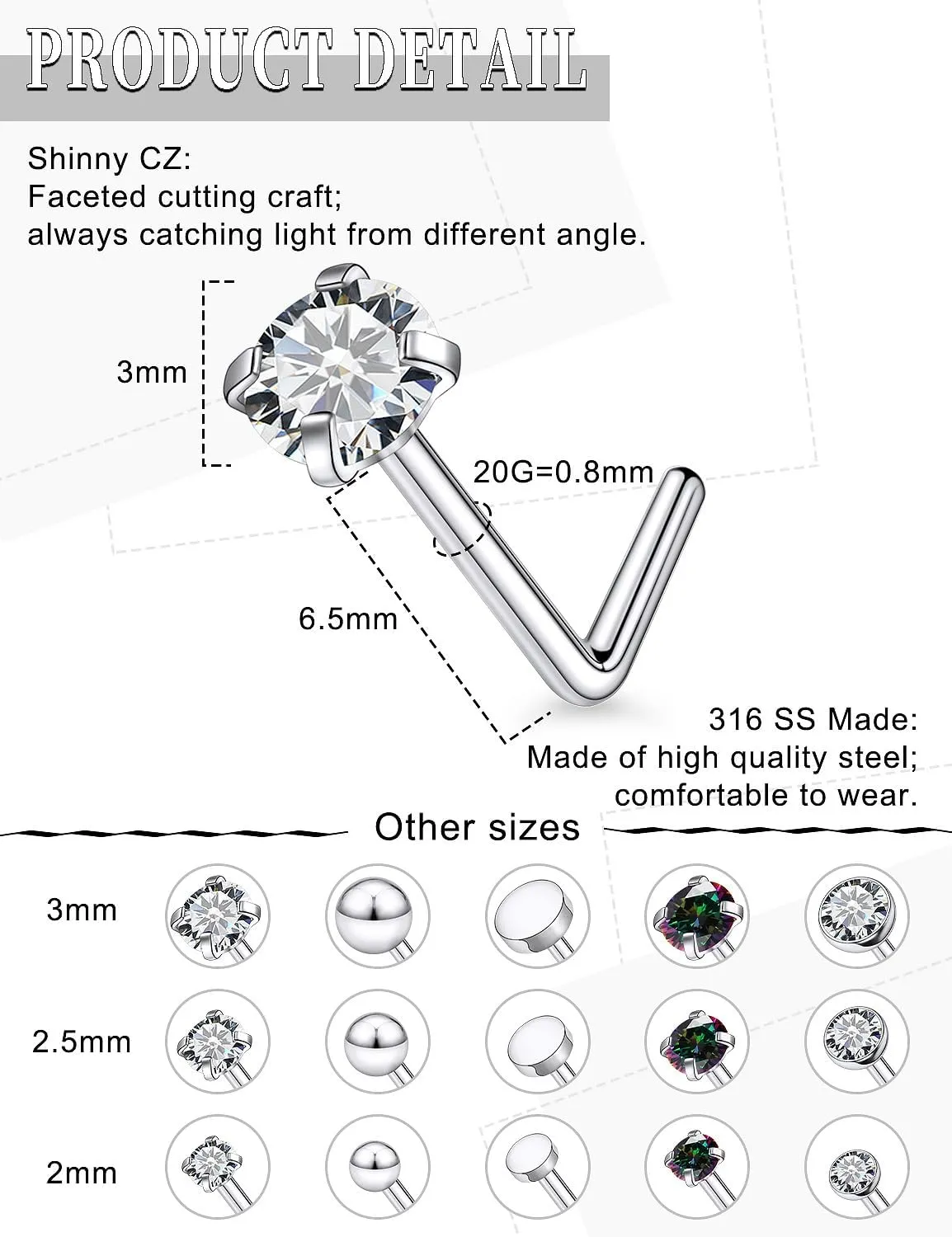18G 20G Nose Rings Studs Piercing Jewelry for Women 316L Surgical Steel L Shaped Screw Straight Nose Rings Studs Hypoallergenic Nostril Piercing Jewelry for Women Men CZ 2mm 2.5mm 3mm
