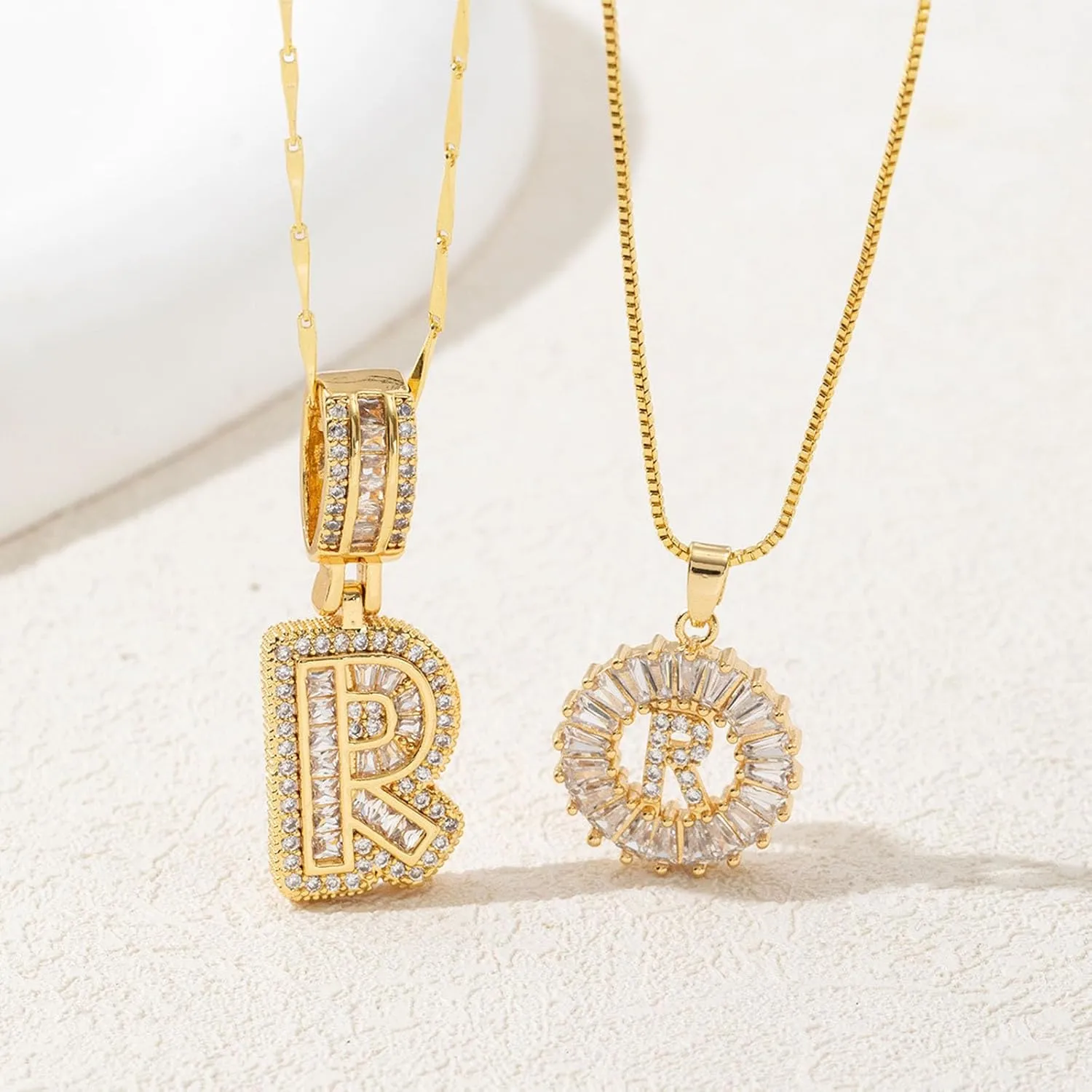 2 Pack Initial Letter Pendant with Zircon Stones for Women,Caorcharebs Personalized Alphabet Pendant Initial Necklace,14K Gold Plated Letter Necklaces Gifts for Women