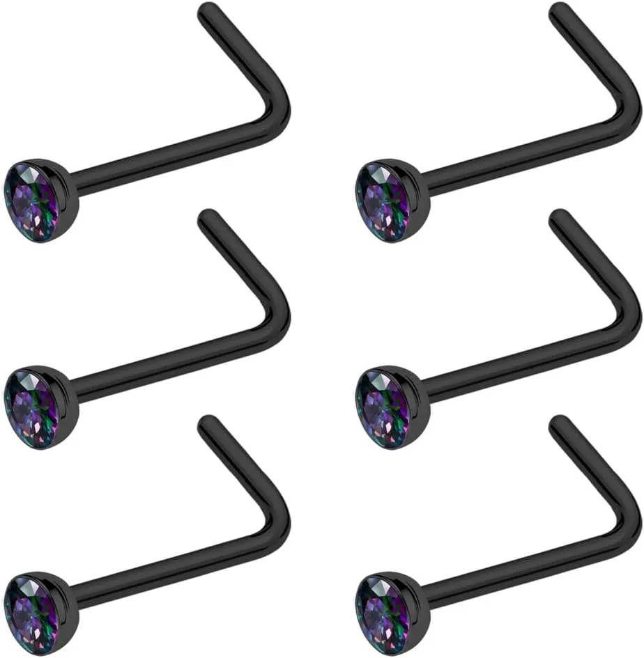 20G & 18G Nose Rings - Black, Silver & Gold Stainless Steel Studs & Screws - L Shaped & Bone Nose Rings Set - Clear CZ Nostril Piercing Jewelry