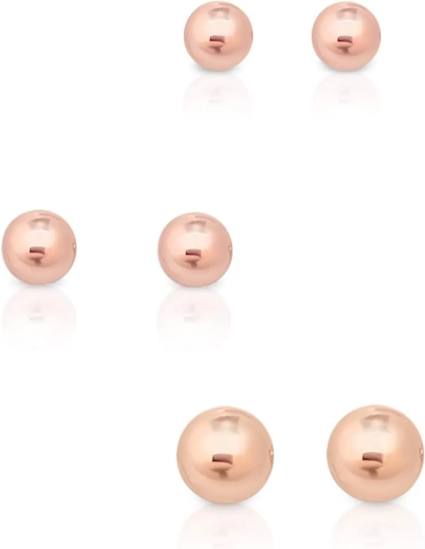 3 PAIRS 925 sterling silver stud earrings for women - tiny stud earrings - 24K Yellow or 18K Rose Gold Plated - small gold stud earrings - earrings studs pack - Diameter: 2, 3, 4, 5, 6 mm