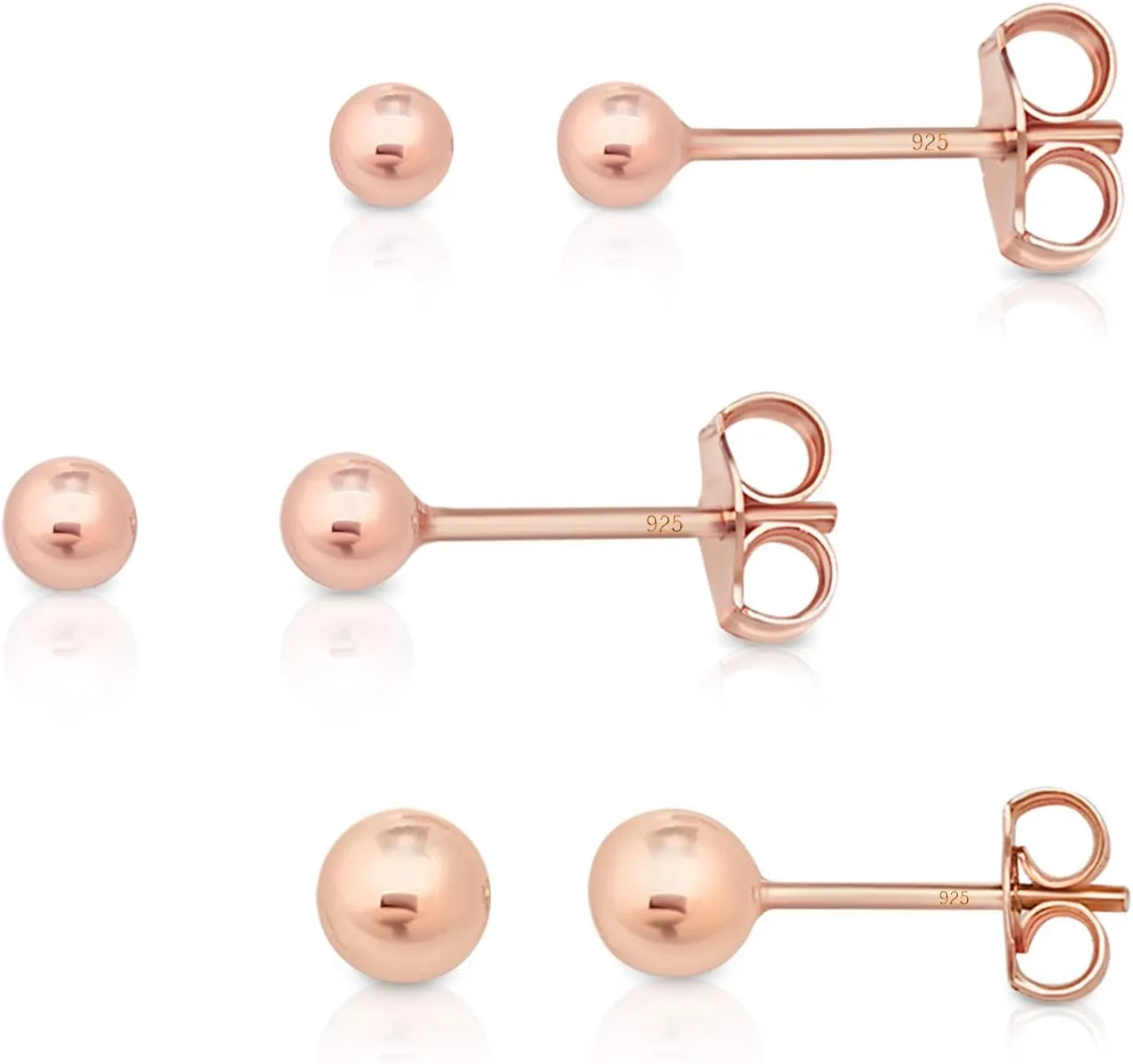 3 PAIRS 925 sterling silver stud earrings for women - tiny stud earrings - 24K Yellow or 18K Rose Gold Plated - small gold stud earrings - earrings studs pack - Diameter: 2, 3, 4, 5, 6 mm