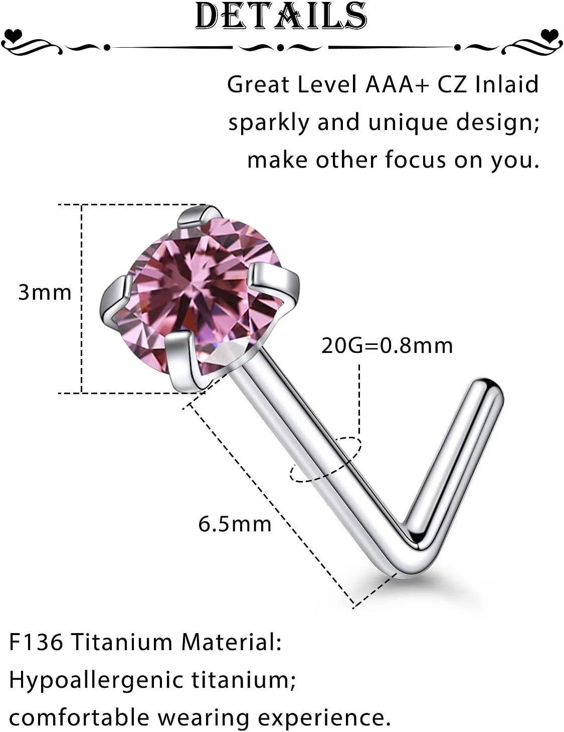 3 Pcs 20G ASTM F136 Titanium Nose Rings Studs for Women G23 Titanium Nose Rings Diamond CZ Nose Studs L Shaped Nose Nostril Piercing Jewelry Hypoallergenic