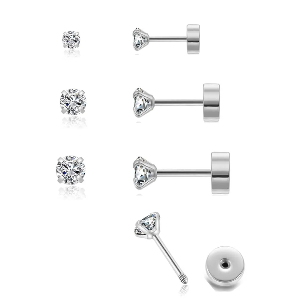 3Pairs CZ Stud Flat Screw Back Earrings for Women Multiple Piercing,Dainty Flatback Cubic Zirconia Cartilage Earring Stud,Helix Tragus Conch Piercing Jewelry (2mm/3mm/4mm Silver, White CZ)