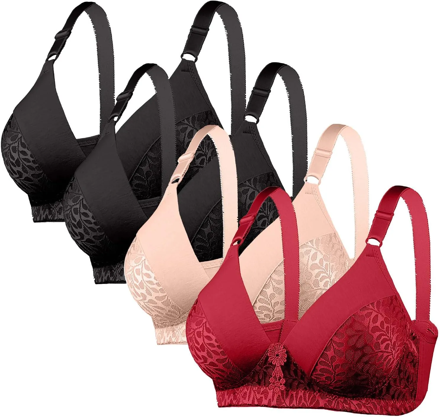 4 Pack Bras for Women's no Underwire Supportive Tshirt Bra Soft Comfy Lace Everyday Bralettes Wireless Underwear Tops
