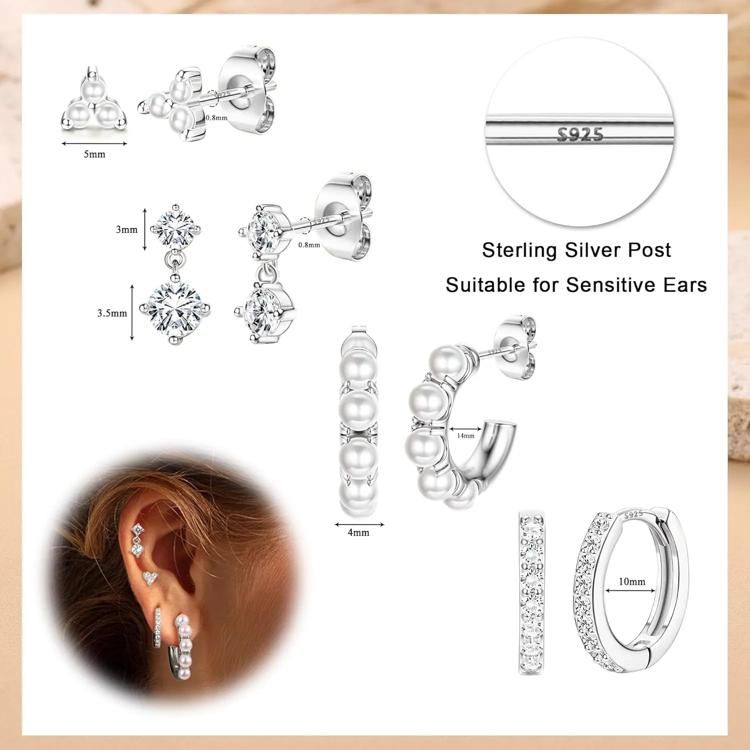 4 Pairs Sterling Silver Post Pearl Hoop Earrings for Women Trendy 14K Gold Plated Huggie Hoop Earrings Cartilage Stud Earrings Sets for Multiple Piercing Small Gold Pearl Hoop Earrings