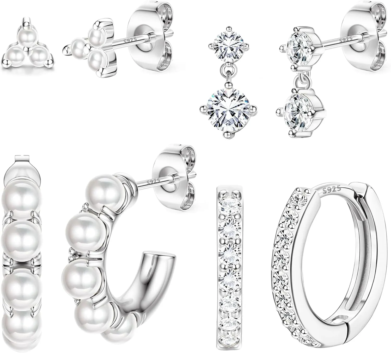 4 Pairs Sterling Silver Post Pearl Hoop Earrings for Women Trendy 14K Gold Plated Huggie Hoop Earrings Cartilage Stud Earrings Sets for Multiple Piercing Small Gold Pearl Hoop Earrings