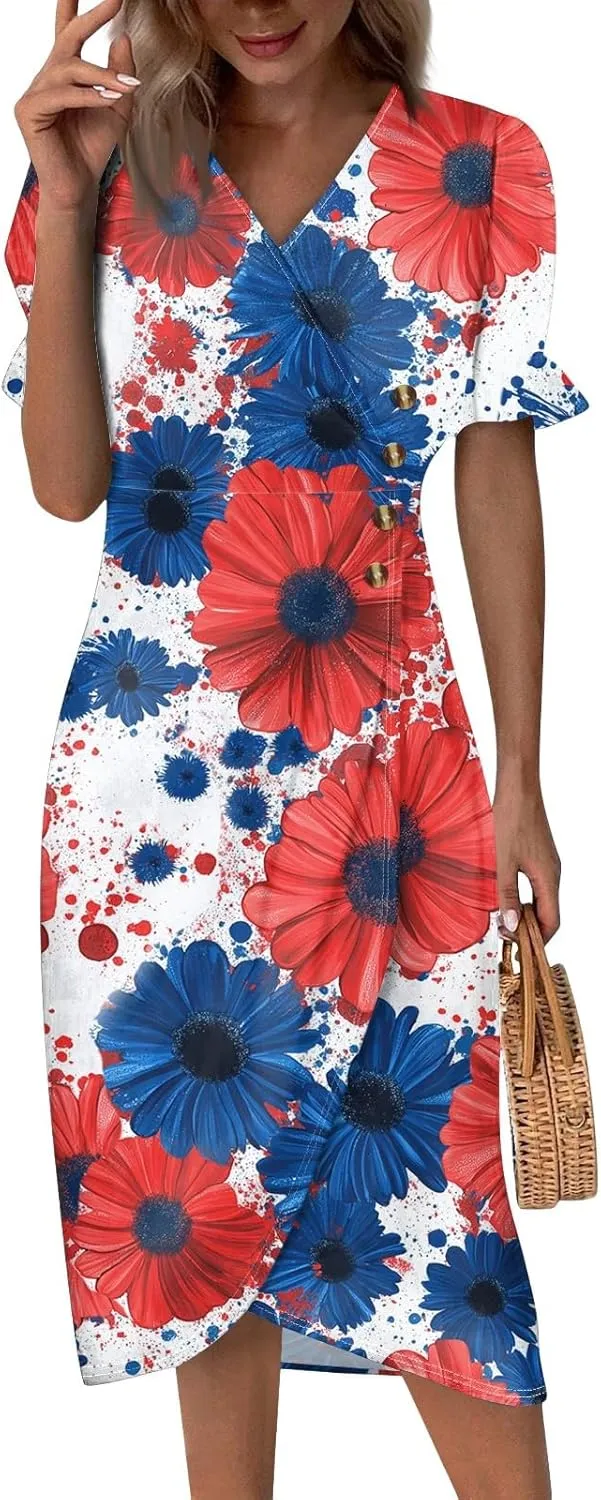 4Th July Dress Women Midi Red White and Blue Dresses Short Sleeve USA Flag Dress Holiday Festival Dresses