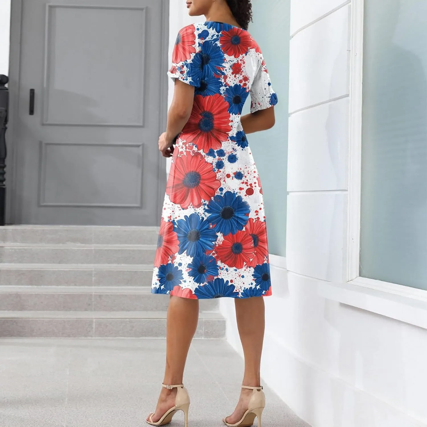 4Th July Dress Women Midi Red White and Blue Dresses Short Sleeve USA Flag Dress Holiday Festival Dresses