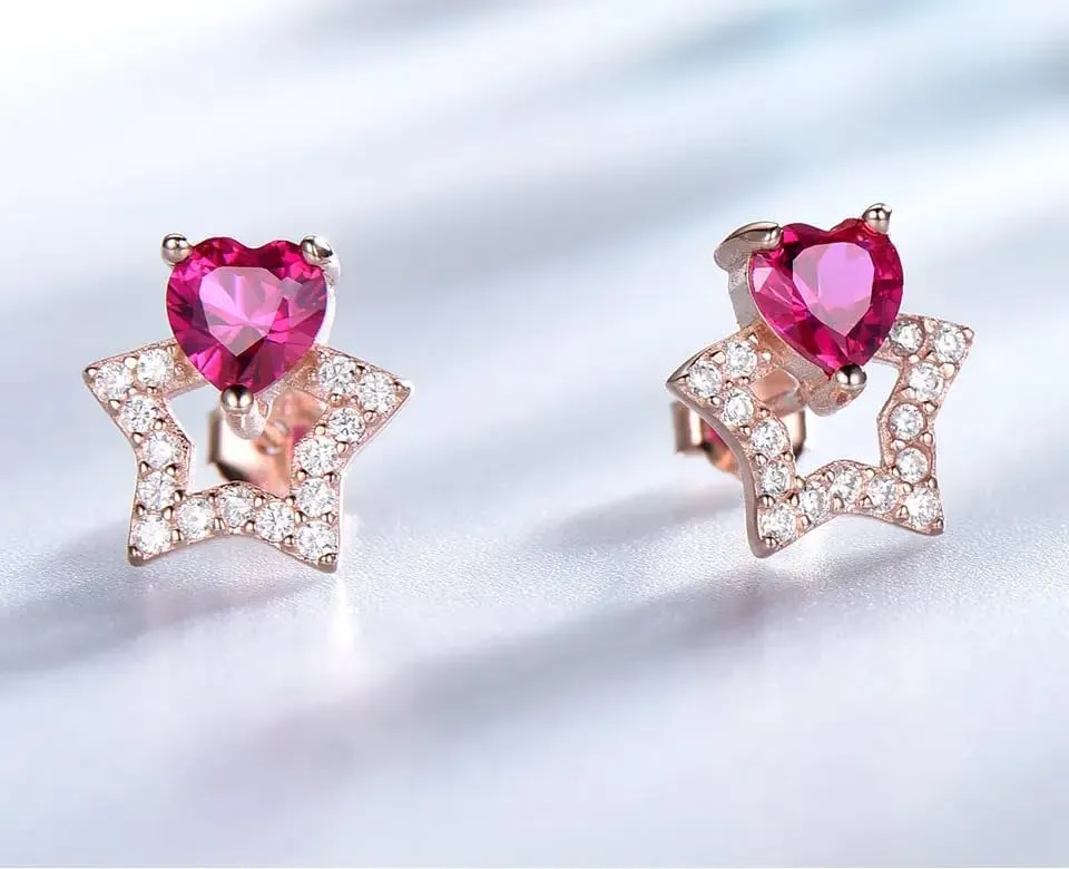 5.0MM Heart-Cut Lab-Created Pink Topaz & Diamond Romantic Star Stud Earrings in 925 Sterling Silver  Minimalist Everyday Jewelry for Women