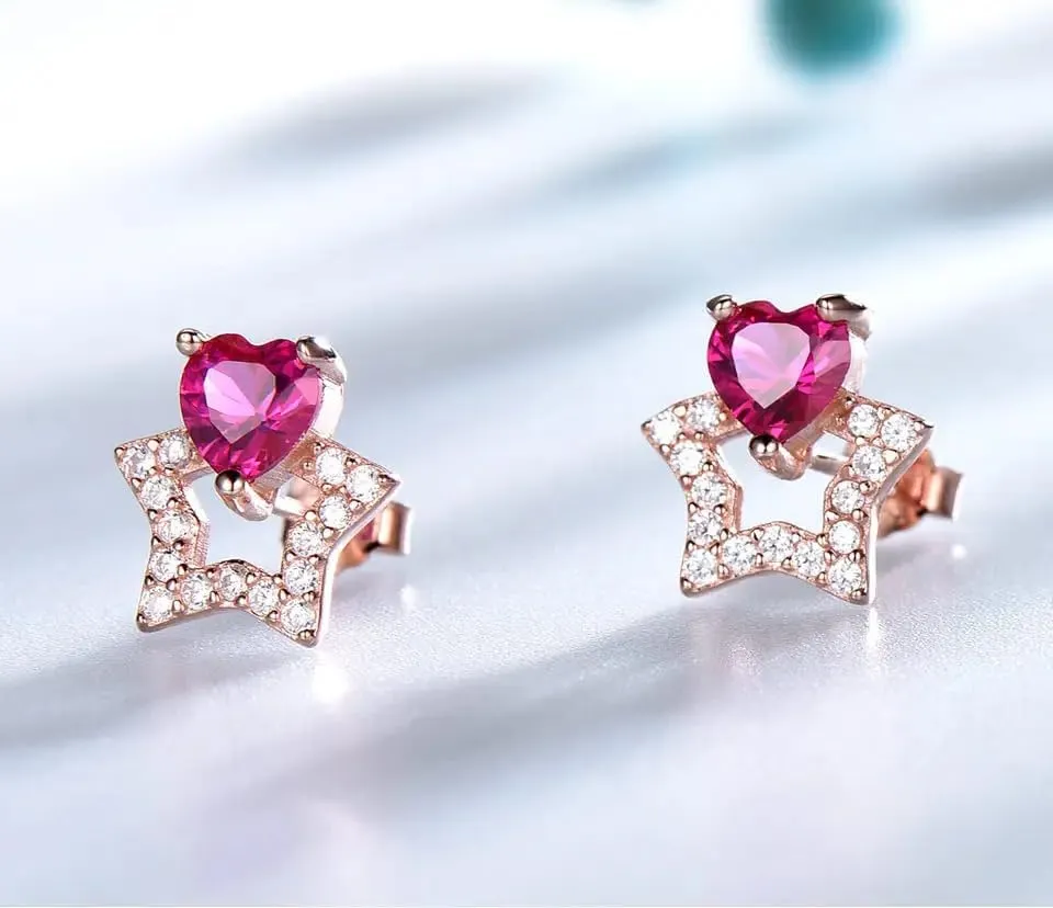 5.0MM Heart-Cut Lab-Created Pink Topaz & Diamond Romantic Star Stud Earrings in 925 Sterling Silver  Minimalist Everyday Jewelry for Women