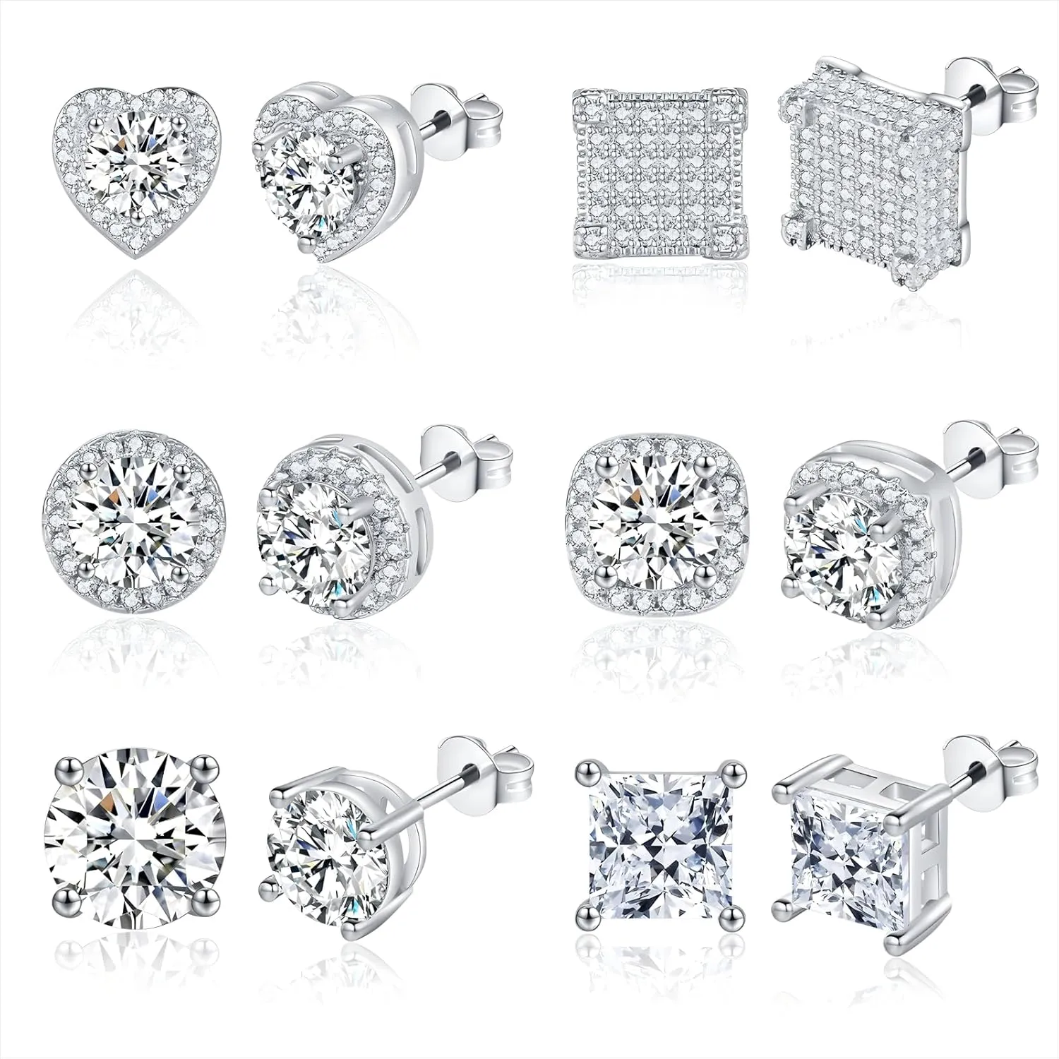 6 Pairs Sterling Silver Cubic Zirconia Stud Earrings for Women Men 14k Gold Plated CZ Stud Earrings Hypoallergenic Sterling Silver Post Earrings Studs for Sensitive Ears