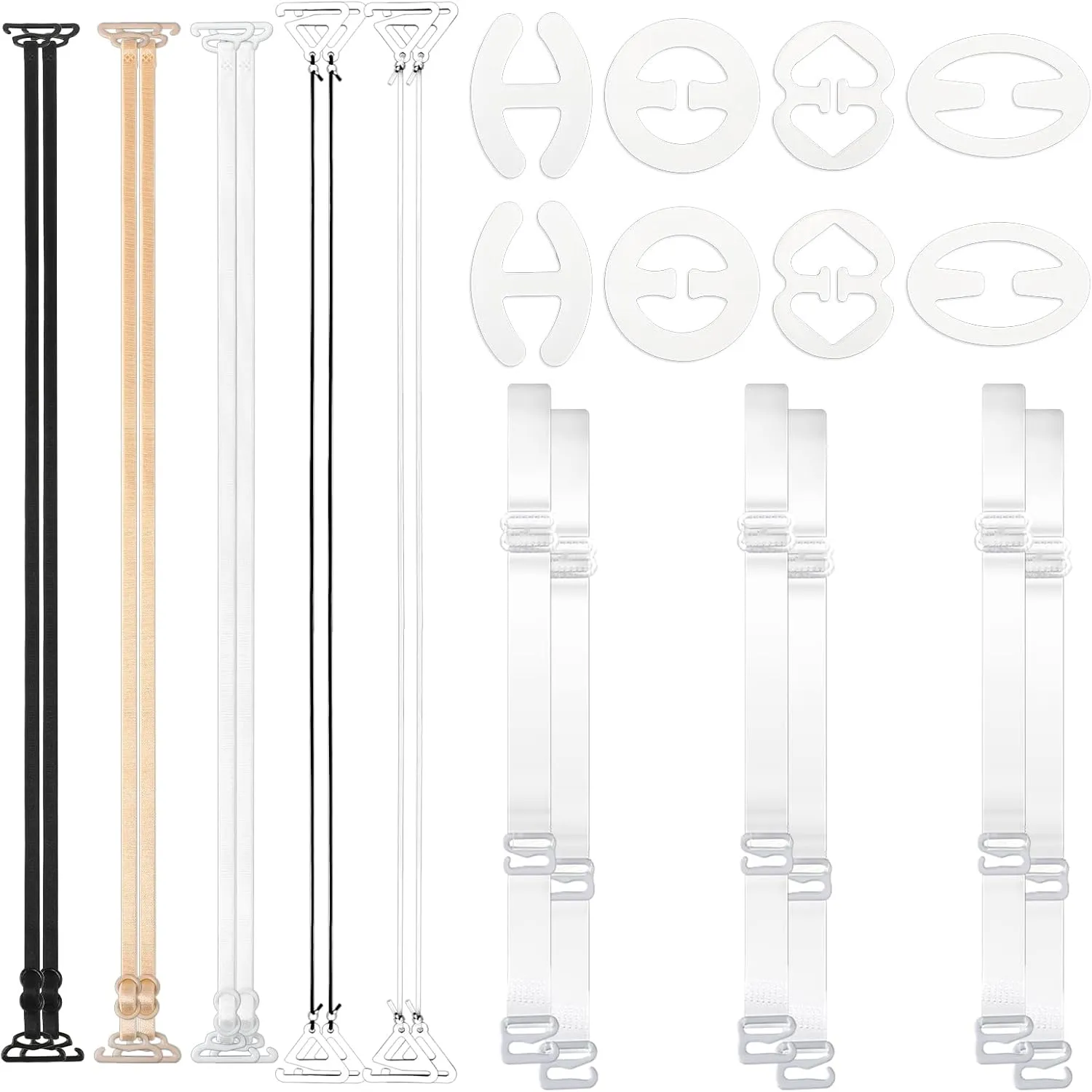 6 Pcs Clear Bra Straps 10 Pcs Thin Bra Straps Replacement Non-Slip Bras Shoulder Strap, 8 Pieces Clips to Make Racerback, White Black Nude