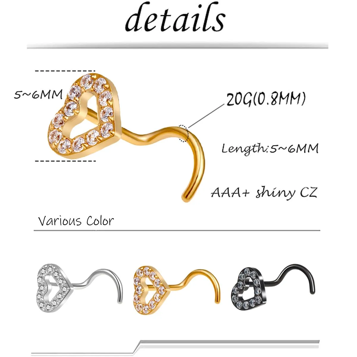 6PCS Heart Nose Rings Studs for Women Gold/Silver/Black 20G Nose Rings Hoops Studs Set and 20G CZ Silver Nose Studs, Hypoallergenic Surgical Stainless Steel Nose Piercings Studs Jewelry