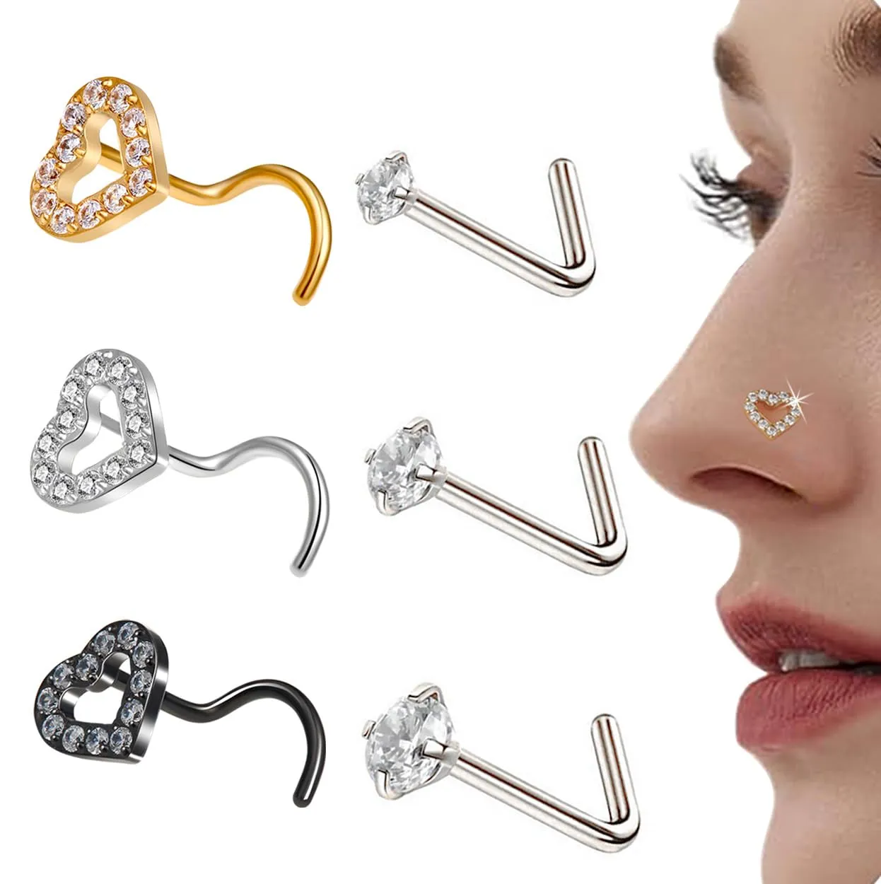 6PCS Heart Nose Rings Studs for Women Gold/Silver/Black 20G Nose Rings Hoops Studs Set and 20G CZ Silver Nose Studs, Hypoallergenic Surgical Stainless Steel Nose Piercings Studs Jewelry