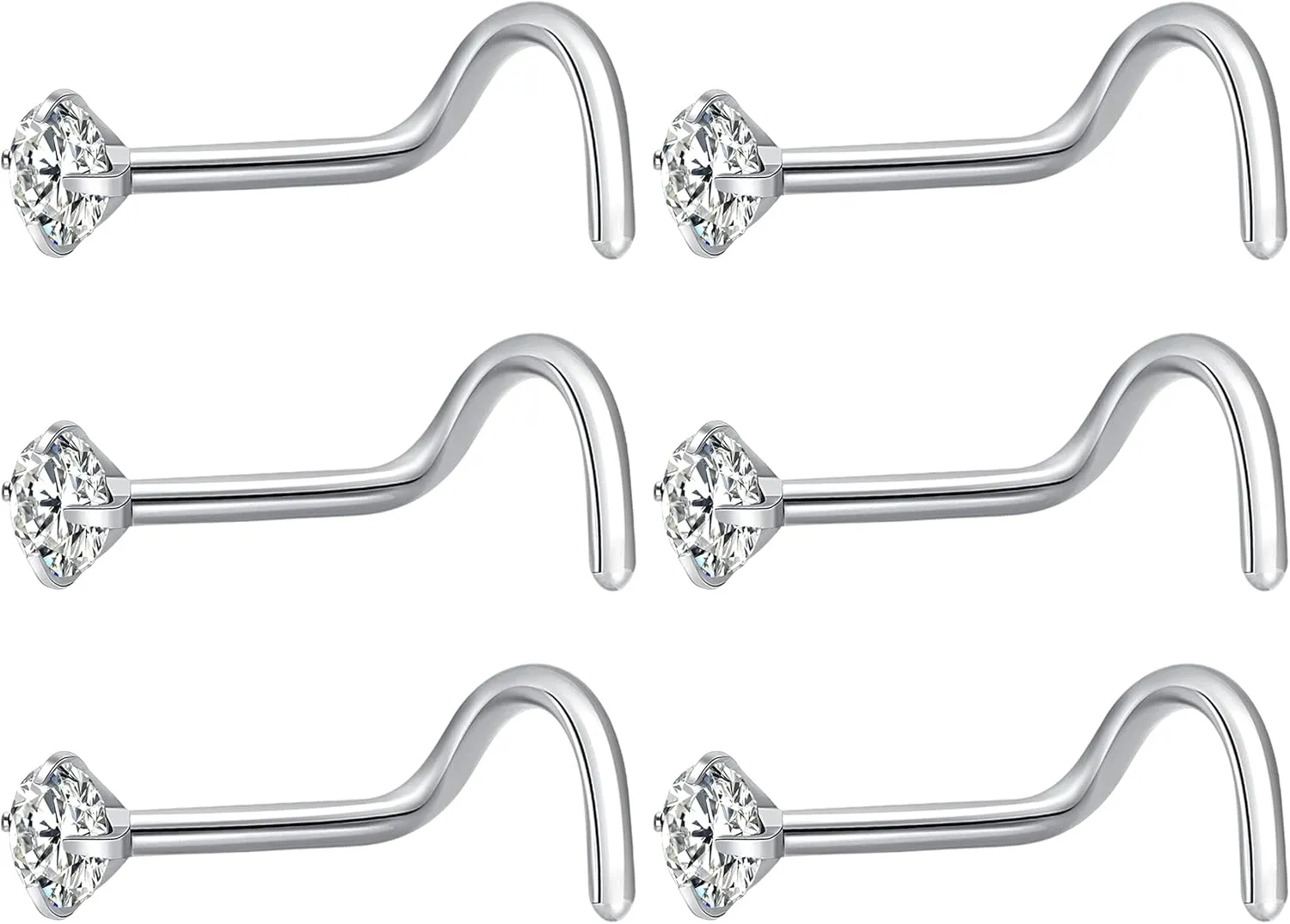 6Pcs Nose Rings Studs Corkscrew L Shape 20 Gauge Nose Piercing Jewelry Real Nose Piercings Nose Stud Surgical Steel 20G Nose Rings Jewelry for Women Men 2mm 2.5mm 3mm CZ Gold Silver Black