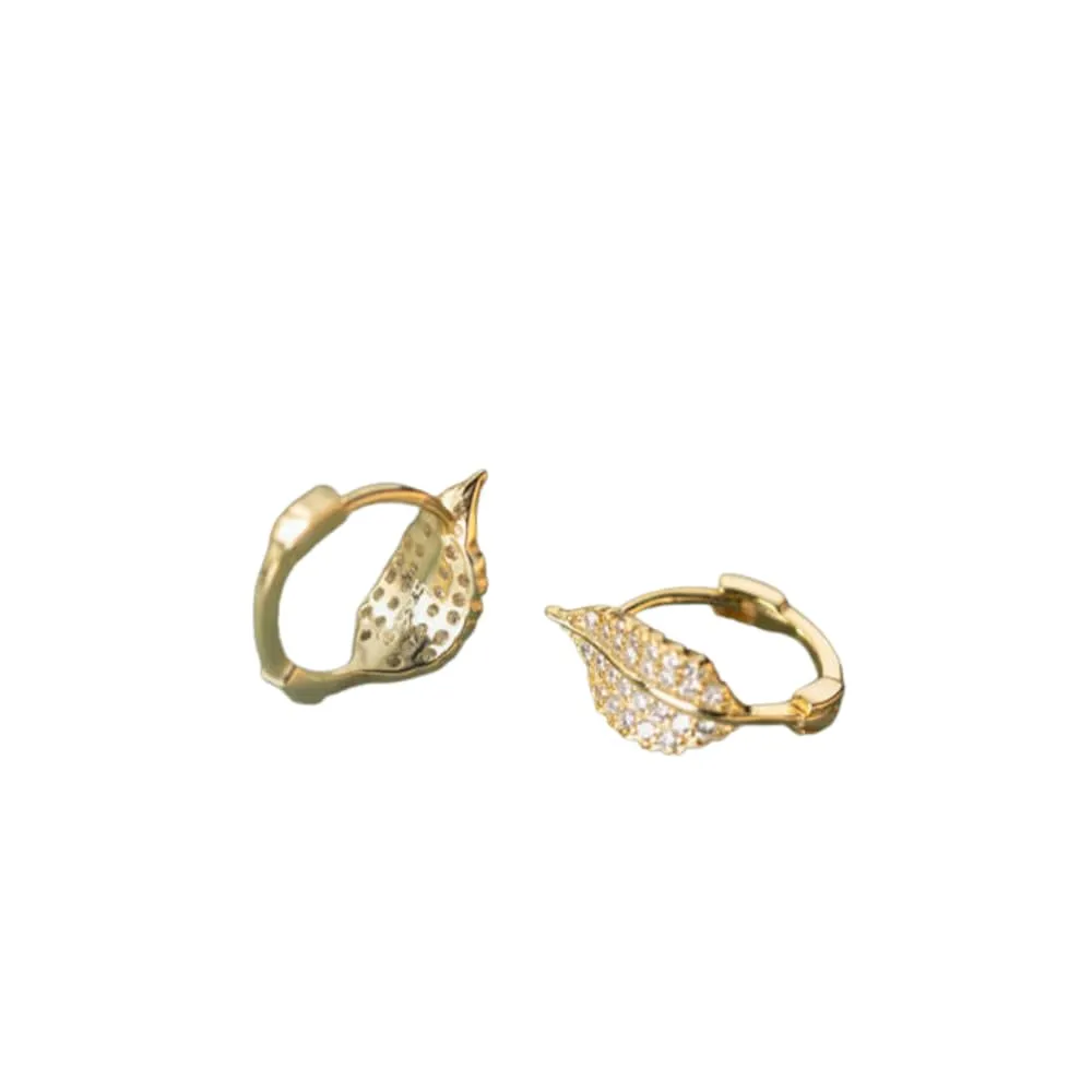 925 silver earrings women minimalist small zircon gold plated sterling silver leaf hoop earrings jewelry (gold)