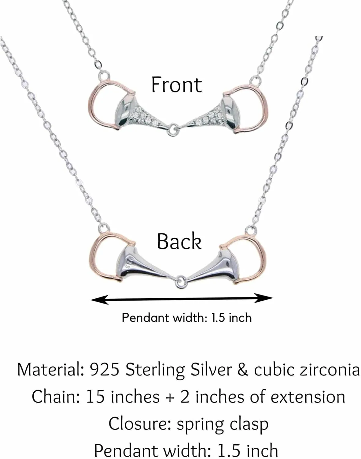 925 Sterling Silver Horse Necklace. Horsebit & Stirrup Pendant Necklaces in Silver, 18K Gold, or Rose Gold Plating. Classy Jewelry Gift for Her