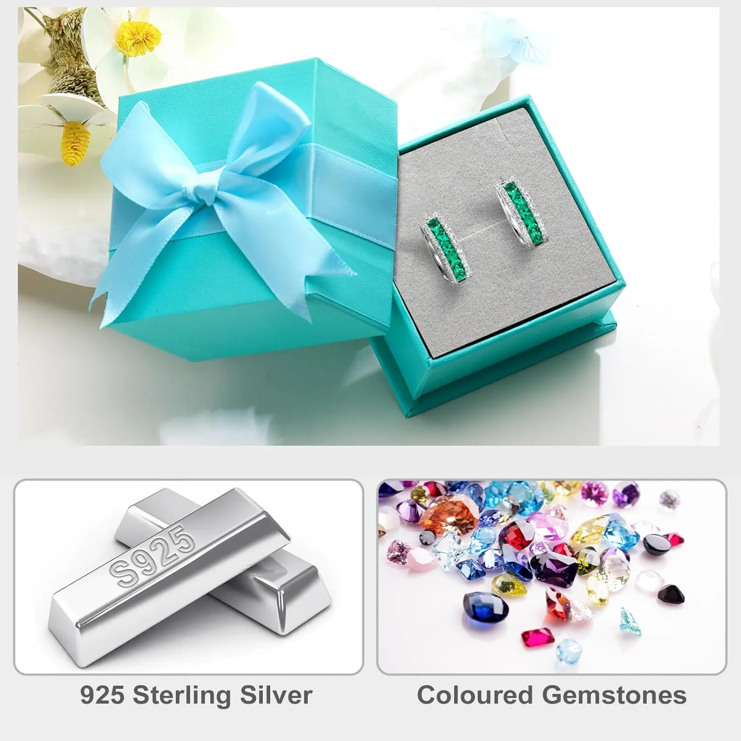 925 Sterling Silver Small Hoop Earrings for Women Girls Colorful Gemstone Emerald CZ Rose Gold Huggie Hoop Earrings