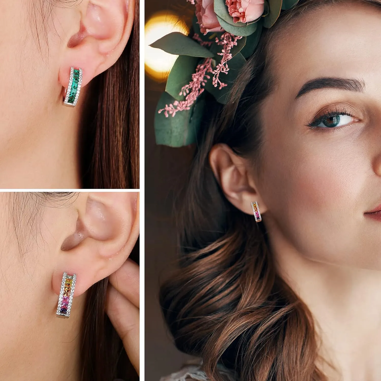 925 Sterling Silver Small Hoop Earrings for Women Girls Colorful Gemstone Emerald CZ Rose Gold Huggie Hoop Earrings