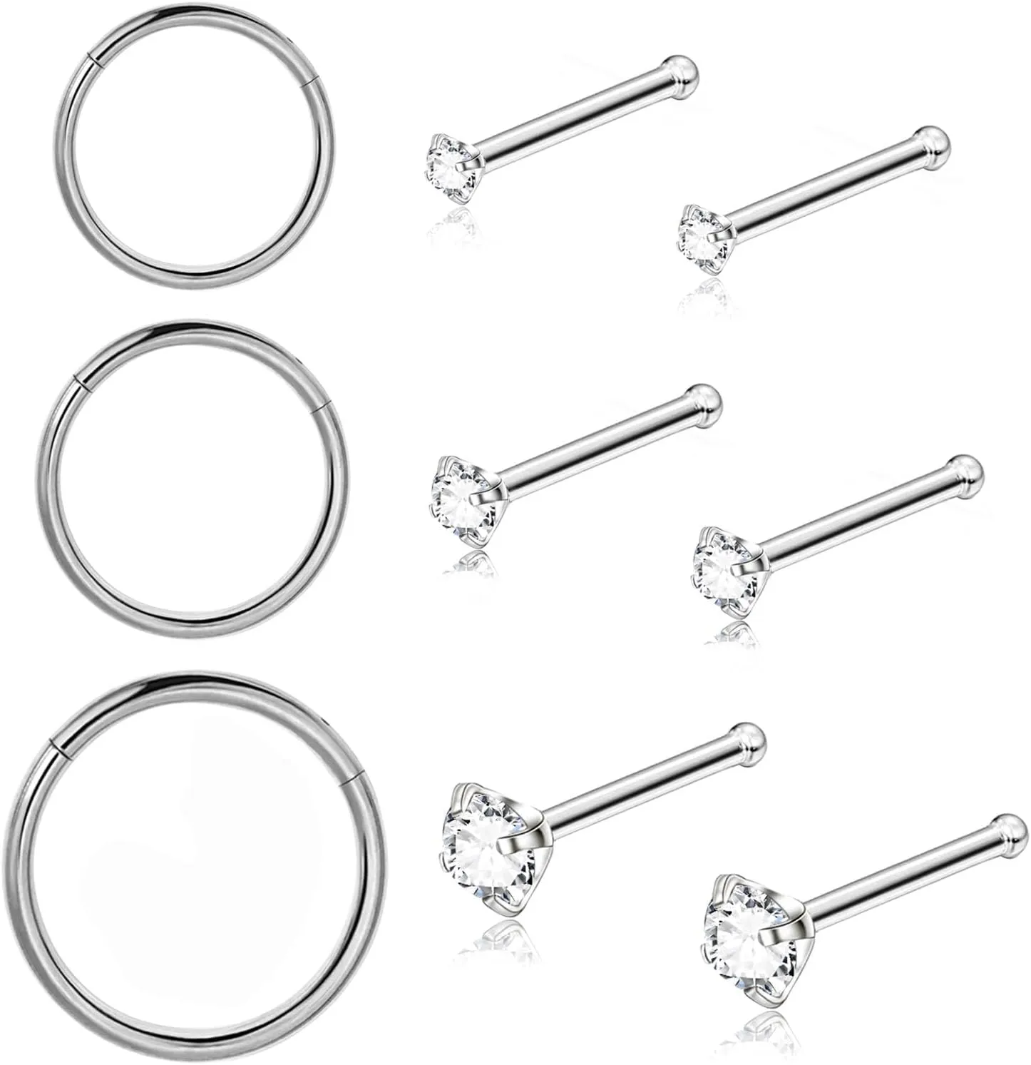 9Pcs 18G 20G Nose Rings Studs: Hinged Hoop Nose Rings for Women Men, Corkscrew Bone L Shaped Nose Studs Hypoallergenic 316L Surgical Steel Nose Piercings Jewelry Small Silver Gold Nose Rings with 1.5/2/3MM Cubic Zirconia