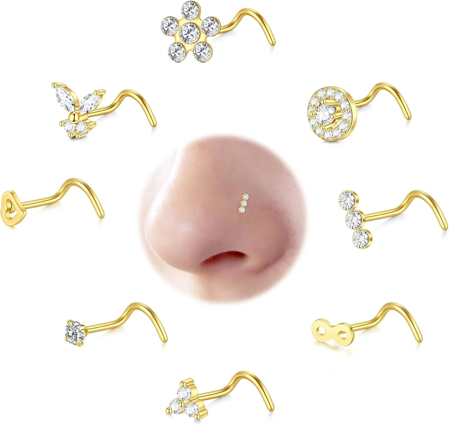 AceFun 8pcs Gold Silver L-Shaped Corkscrew Nose Rings Studs Set for Women 20G Surgical Steel Dangle Nose Ring Star Nostril Nose Piercing Jewelry Hypoallergenic CZ Heart Butterfly Bow Flower Bee Nose Studs