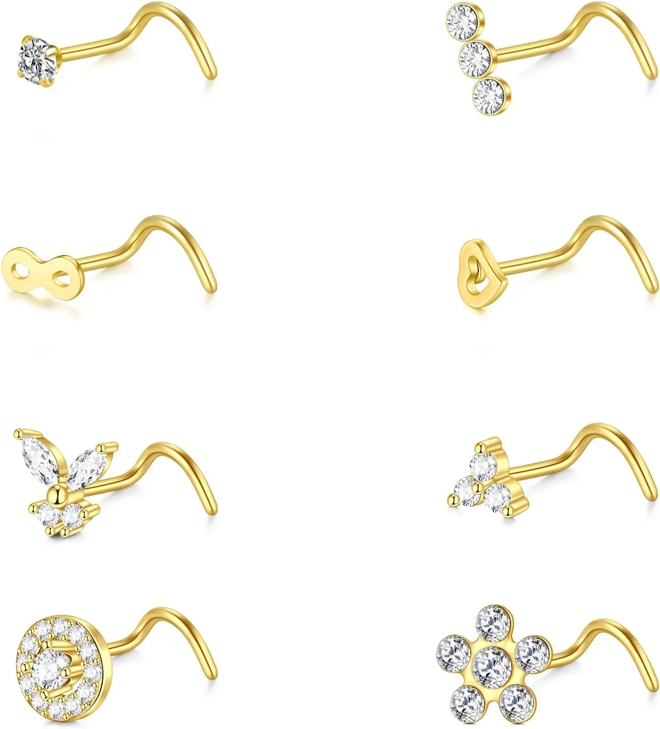 AceFun 8pcs Gold Silver L-Shaped Corkscrew Nose Rings Studs Set for Women 20G Surgical Steel Dangle Nose Ring Star Nostril Nose Piercing Jewelry Hypoallergenic CZ Heart Butterfly Bow Flower Bee Nose Studs