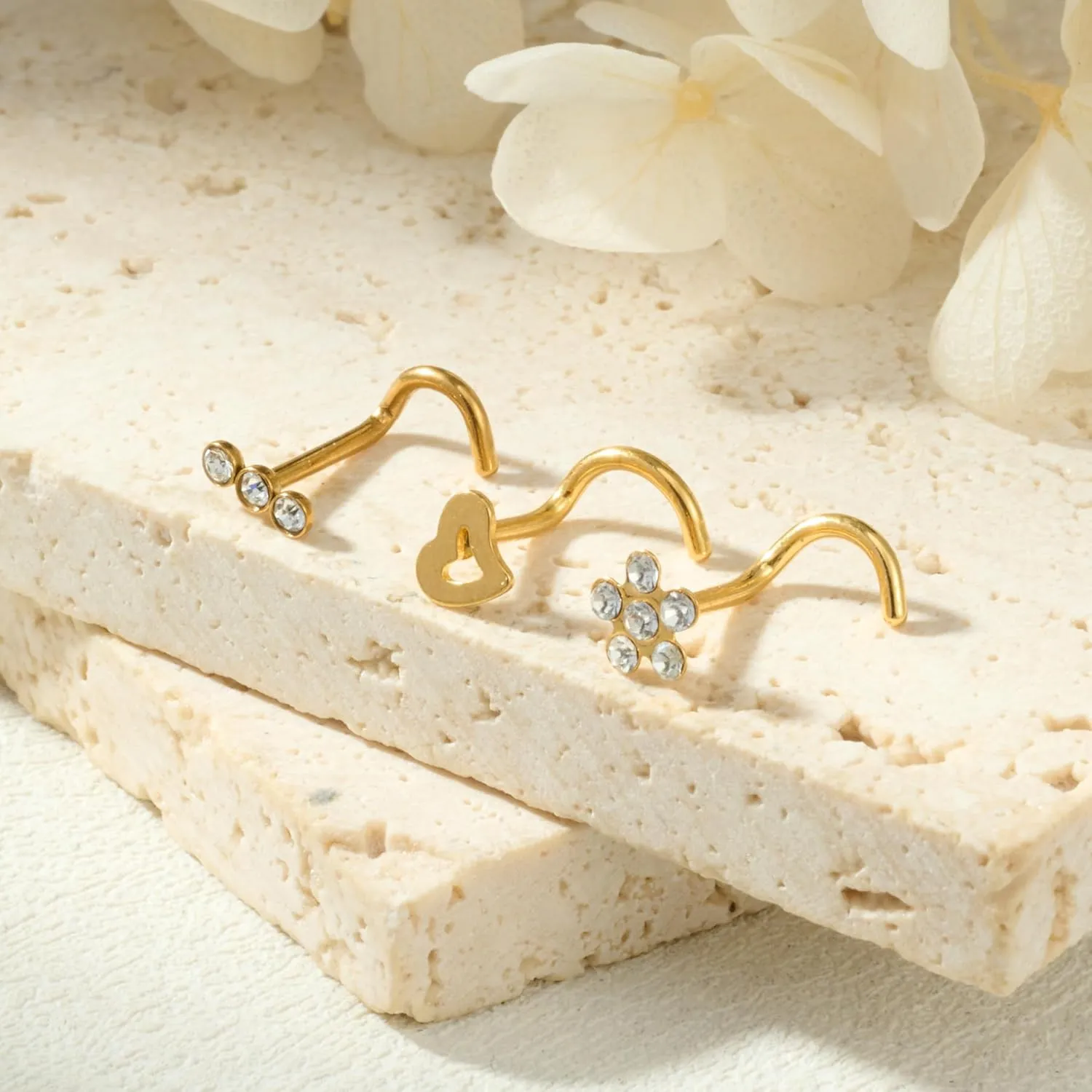 AceFun 8pcs Gold Silver L-Shaped Corkscrew Nose Rings Studs Set for Women 20G Surgical Steel Dangle Nose Ring Star Nostril Nose Piercing Jewelry Hypoallergenic CZ Heart Butterfly Bow Flower Bee Nose Studs