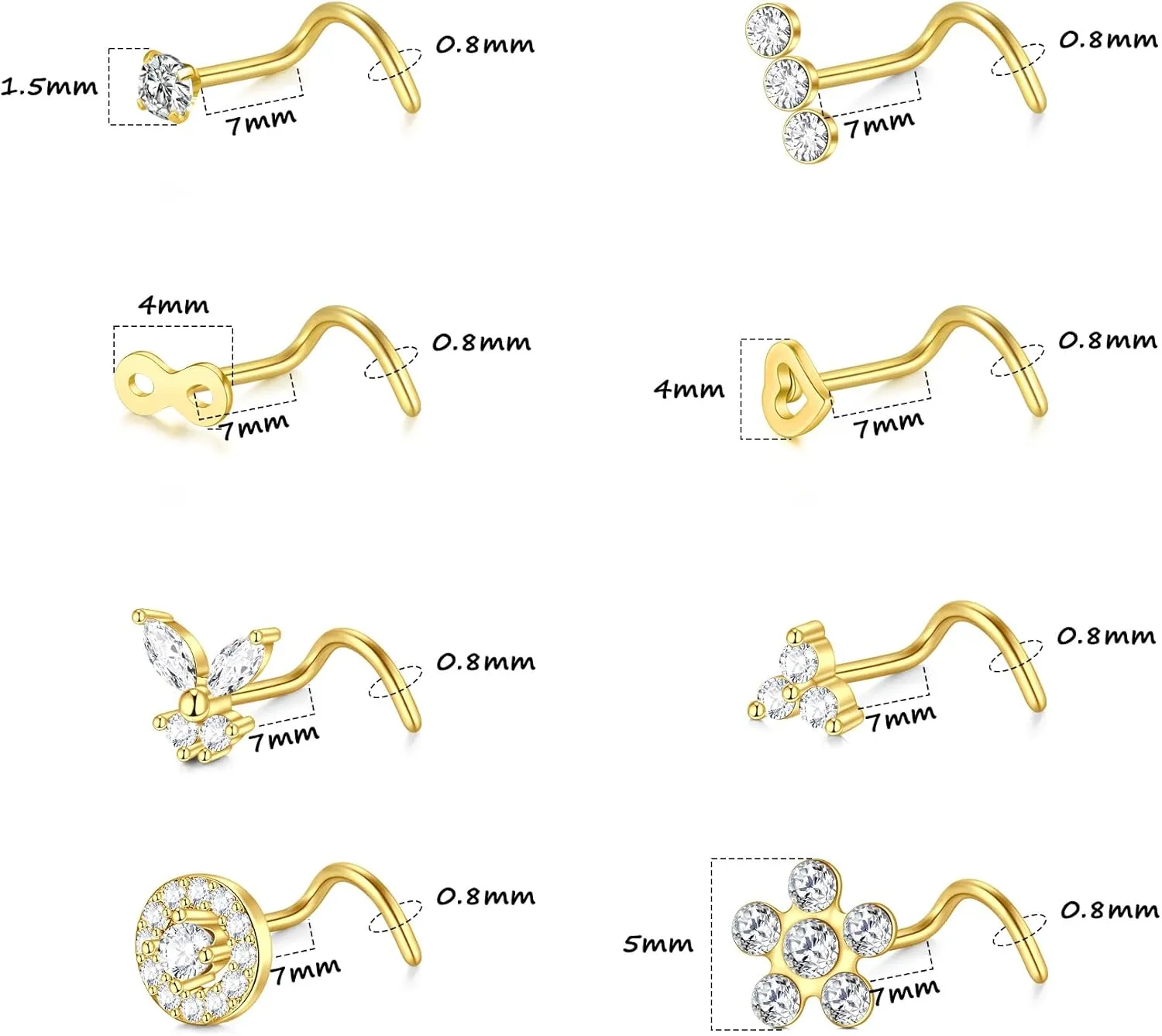 AceFun 8pcs Gold Silver L-Shaped Corkscrew Nose Rings Studs Set for Women 20G Surgical Steel Dangle Nose Ring Star Nostril Nose Piercing Jewelry Hypoallergenic CZ Heart Butterfly Bow Flower Bee Nose Studs