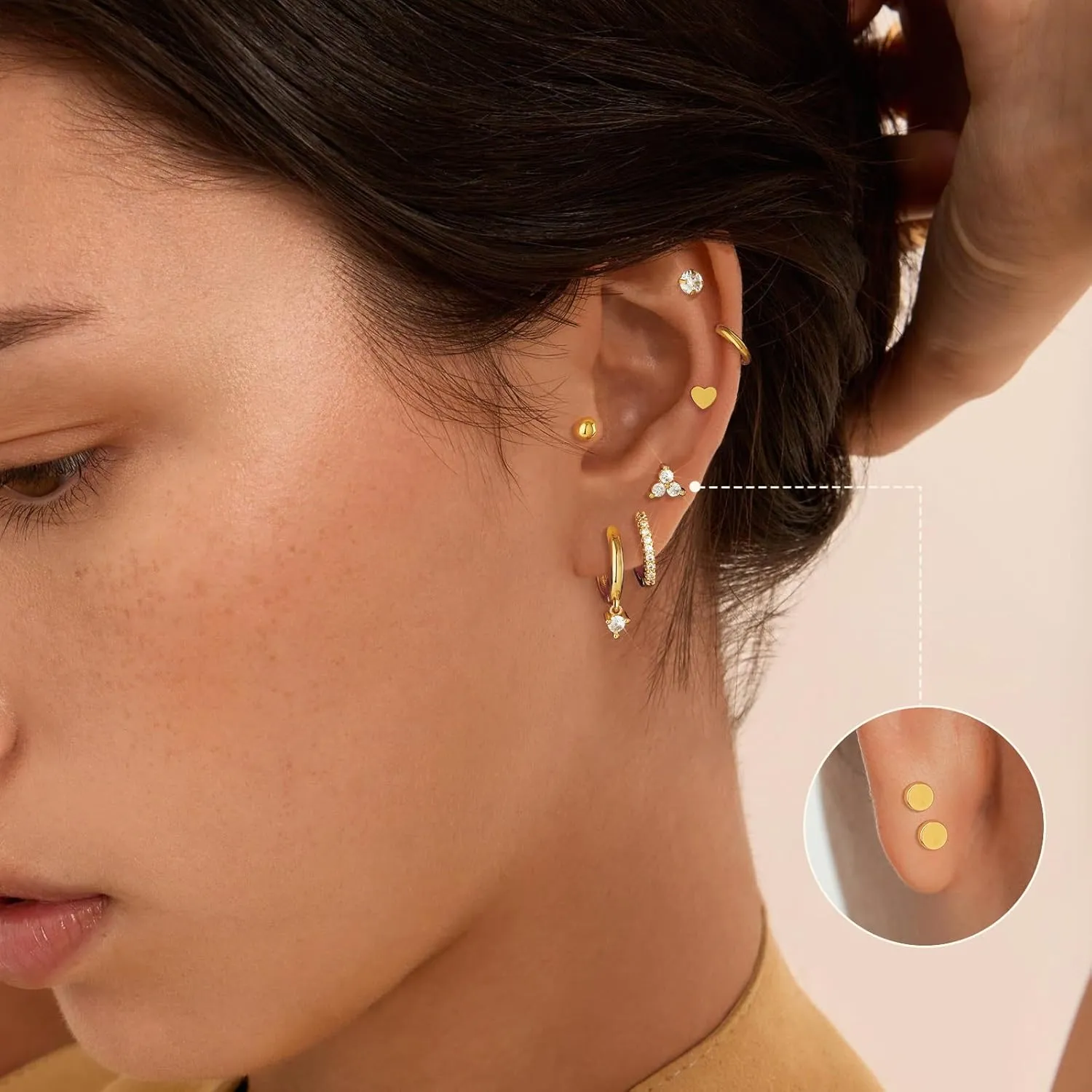 adoyi Hypoallergenic Surgical Steel Earrings for Sensitive Ears 14K Gold Plated Samll Huggie Hoops Earrings Flat Back Studs Stainless Steel Cartilage Earrings for Women Men Multiple Piercing