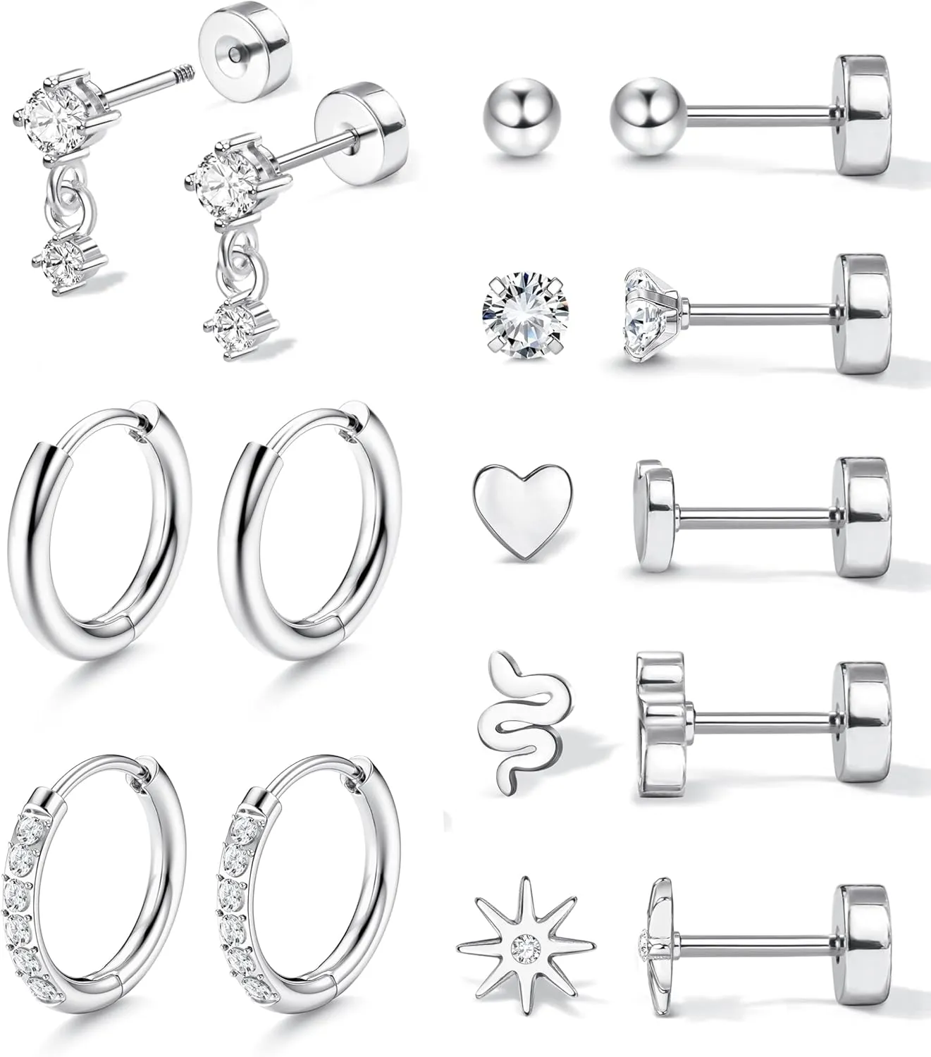 ADRAMATA Hypoallergenic Surgical Steel Earrings for Sensitive Ears 20G Flat Back Earrings for Women Small 316L Stainless Steel Flatback Stud Hoop Cartialge Earring Stacks | Helix Conch Tragus Piercing Jewelry