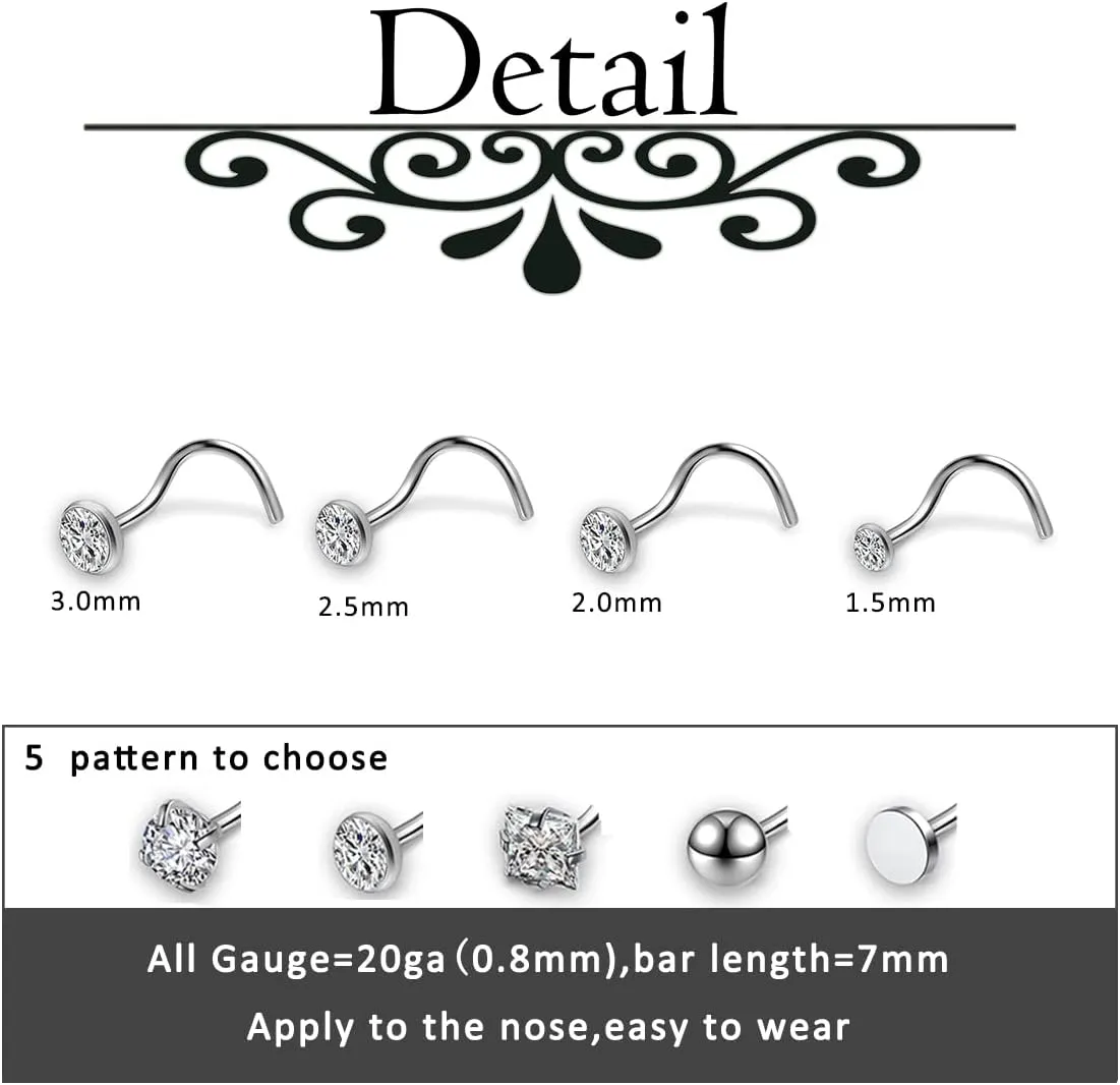 AllerPierce 20G 20Pcs Nose Studs Rings Stainless Steel CZ L Shape Bone Screw Stud Nose Piercing Jewelry for Women Men Hypoallergenic Nose Pin 1.5mm 2mm 2.5mm 3mm