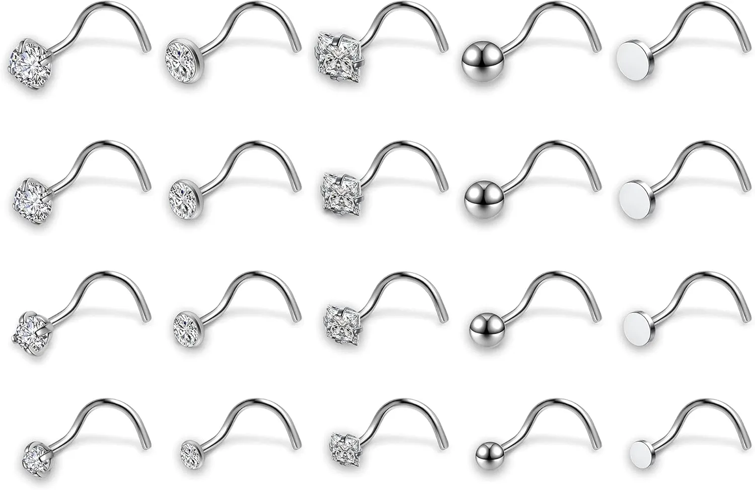 AllerPierce 20G 20Pcs Nose Studs Rings Stainless Steel CZ L Shape Bone Screw Stud Nose Piercing Jewelry for Women Men Hypoallergenic Nose Pin 1.5mm 2mm 2.5mm 3mm