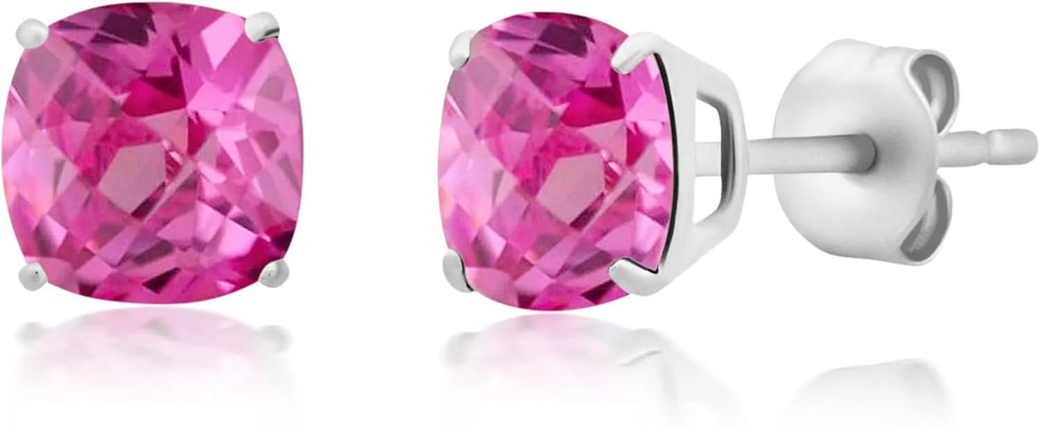 Amazon Collection 925 Sterling Silver Cushion Cut Birthstone Stud Earrings for Women
