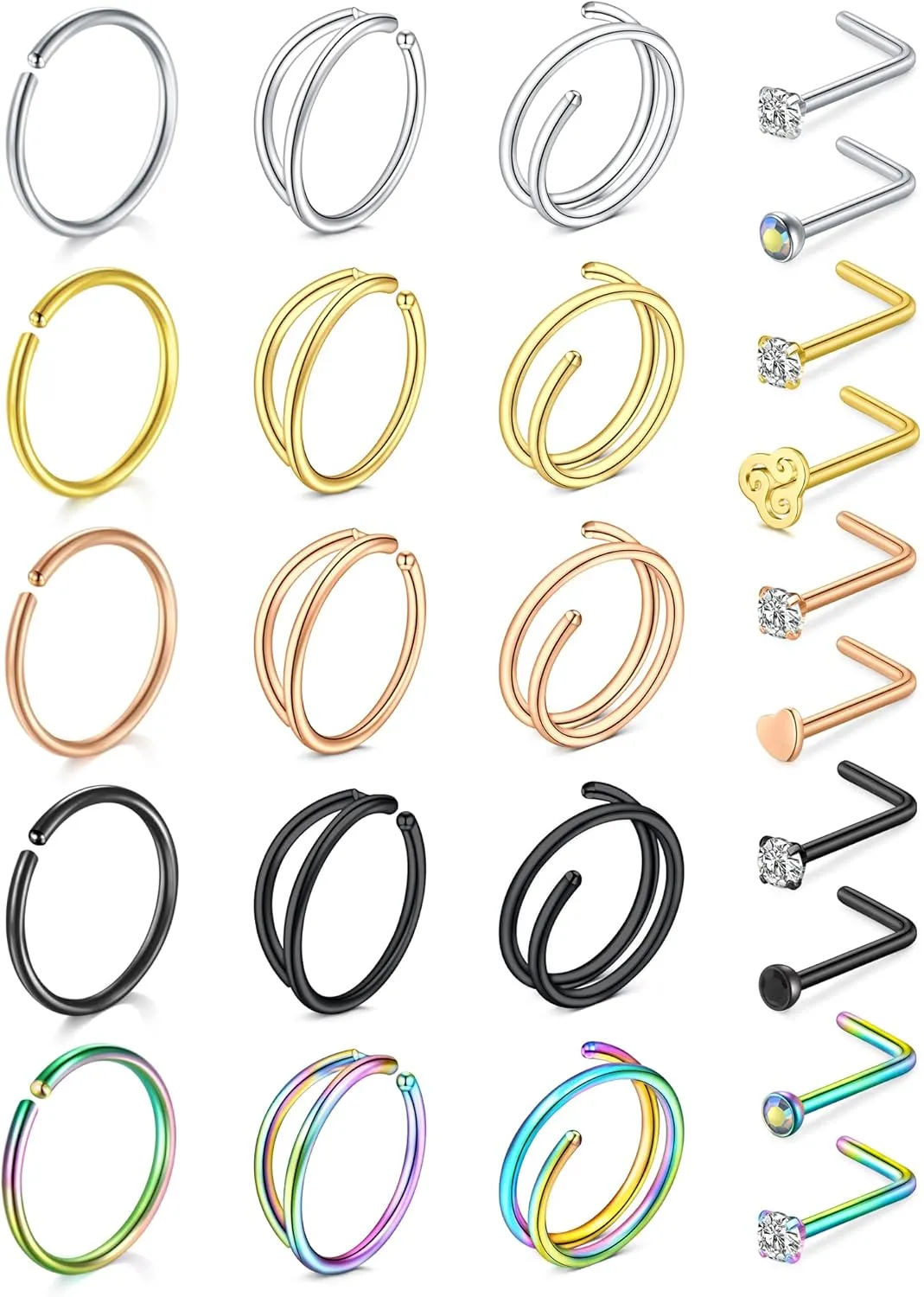 Anicina 20g 22g Nose Rings Studs Surgical Stainless Steel Nose Rings Hoops L Bone Screw Shape Nostril Nose Piercing Jewelry Heart Flower Moon Snake Butterfly Hypoallergenic Nose Screw for Women Men