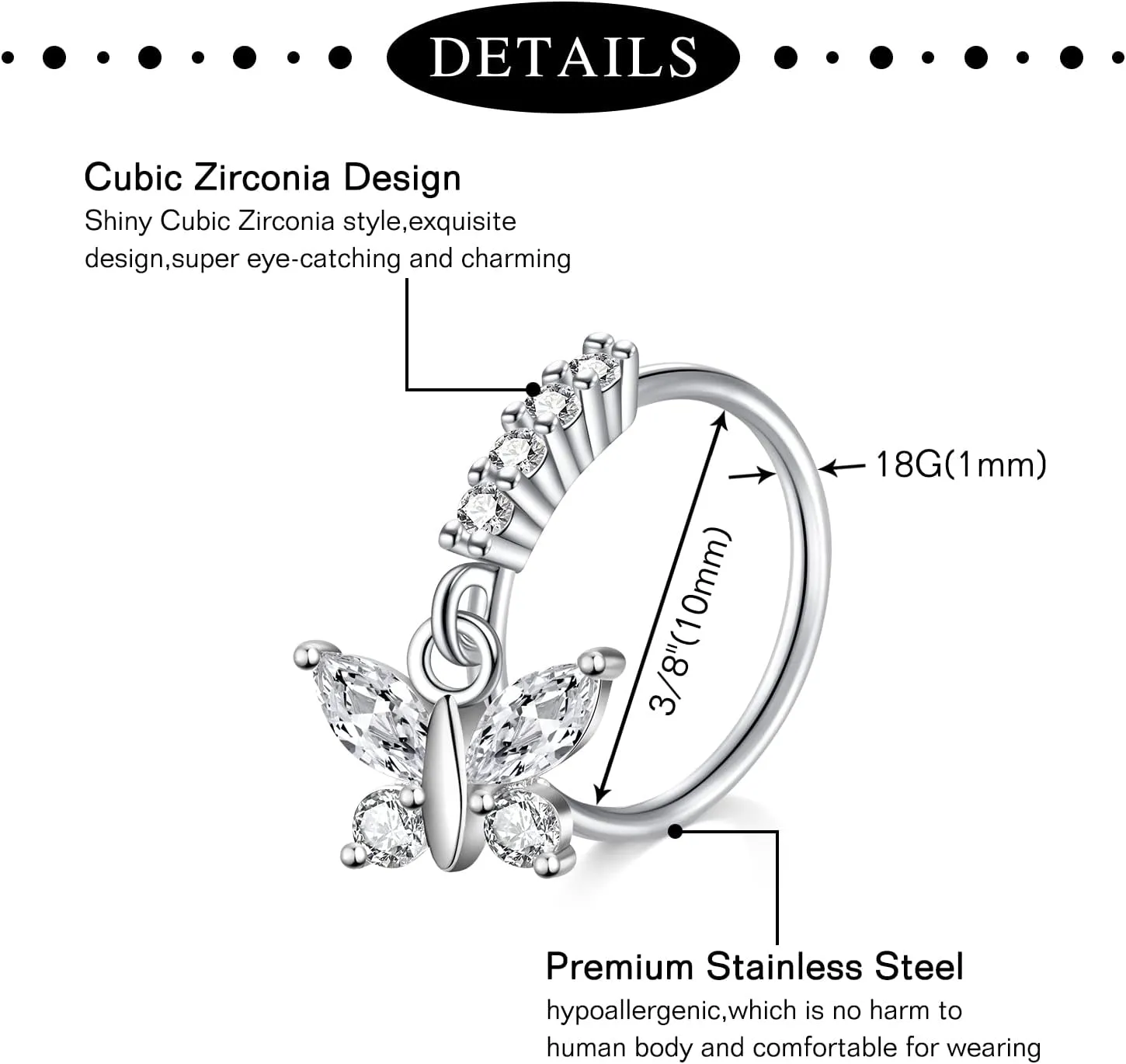 Anicina Nose Rings - 18G Hoops & Studs Piercing Kit - Surgical Steel - L Shape - CZ Heart & Moon Piercings - Silver, Gold, Rose Gold