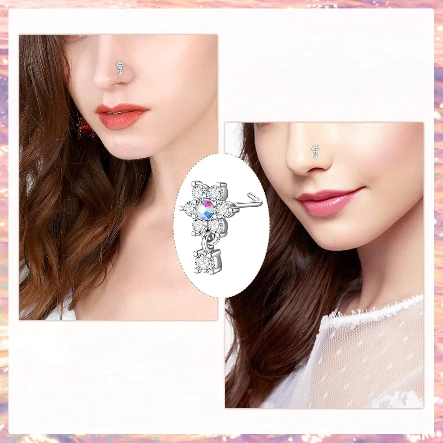 Anicina Nose Rings - 18G Hoops & Studs Piercing Kit - Surgical Steel - L Shape - CZ Heart & Moon Piercings - Silver, Gold, Rose Gold