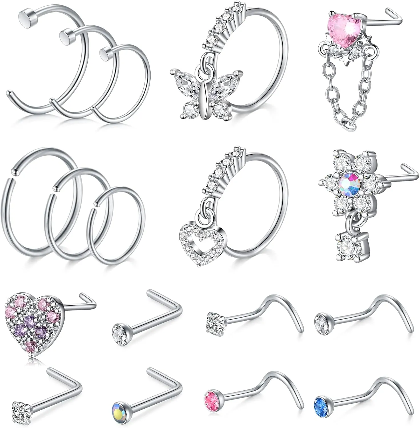 Anicina Nose Rings - 18G Hoops & Studs Piercing Kit - Surgical Steel - L Shape - CZ Heart & Moon Piercings - Silver, Gold, Rose Gold