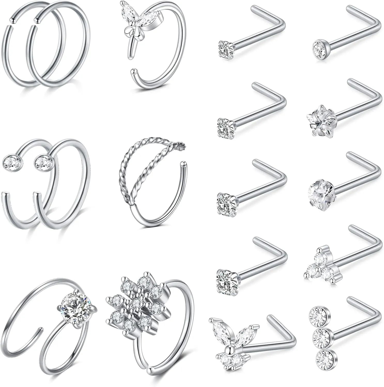 Anicina Nose Rings - 18G Hoops & Studs Piercing Kit - Surgical Steel - L Shape - CZ Heart & Moon Piercings - Silver, Gold, Rose Gold