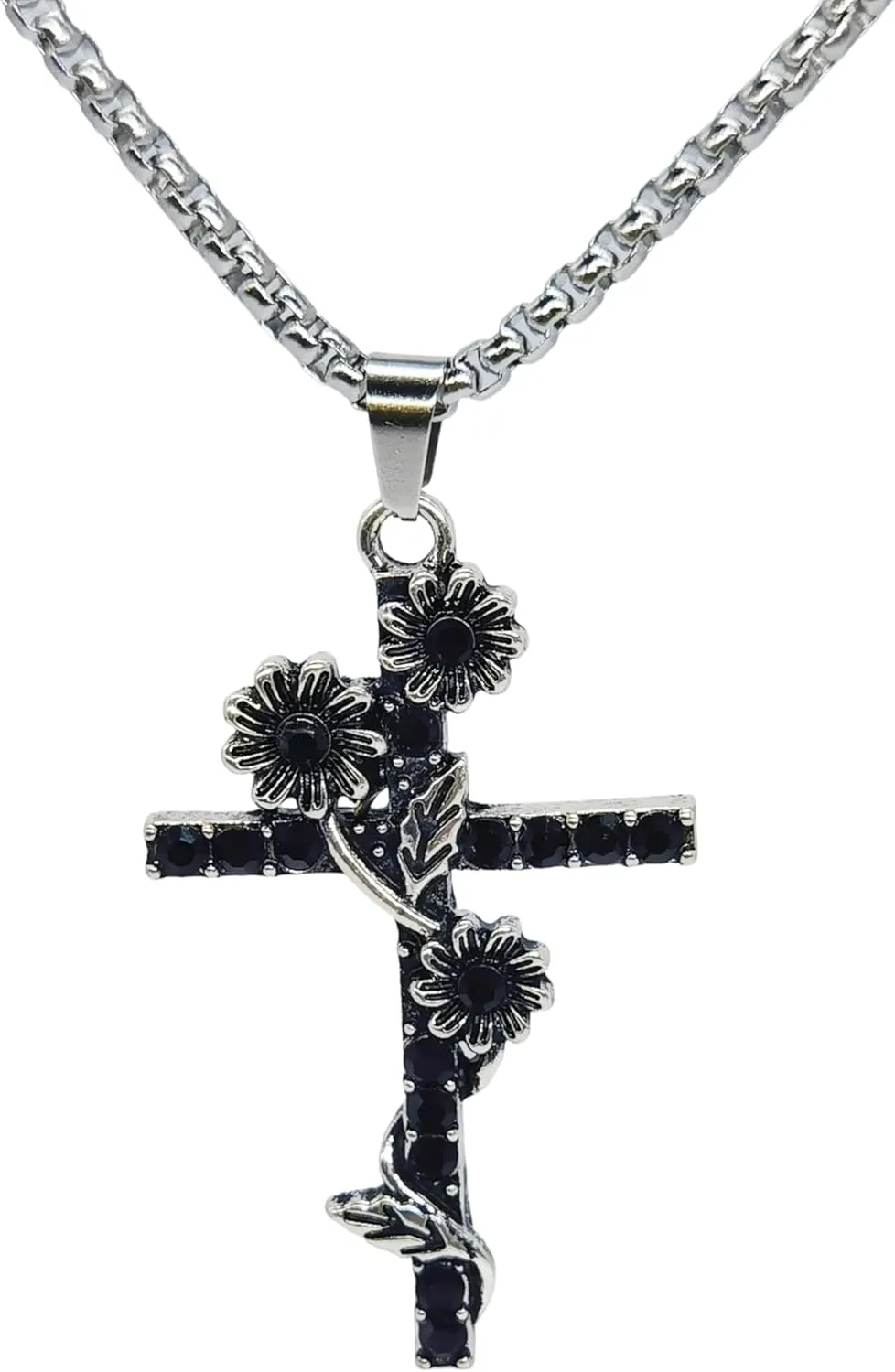 Antique Silver Cross Pendant Necklace with Floral Vine Design, Black Rhinestones & 23.6" Stainless Steel Chain (2" Extend the chain) - Religious Jewelry Gift for Women/Men