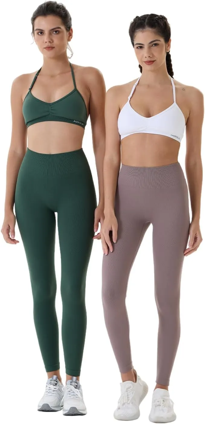 AUROLA Power Workout Leggings for Women Tummy Control Squat Proof Ribbed Thick Seamless Scrunch Active Pants