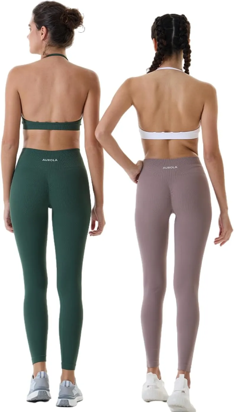 AUROLA Power Workout Leggings for Women Tummy Control Squat Proof Ribbed Thick Seamless Scrunch Active Pants