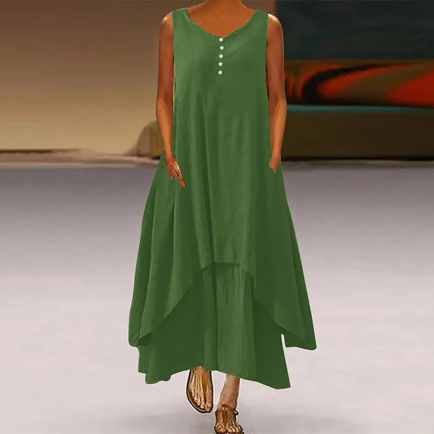 Aymnlox Sundresses for Women 2023 Trendy Casual Cotton Linen Sleeveless Tank Dress with Pockets Summer Double Layer Dresses