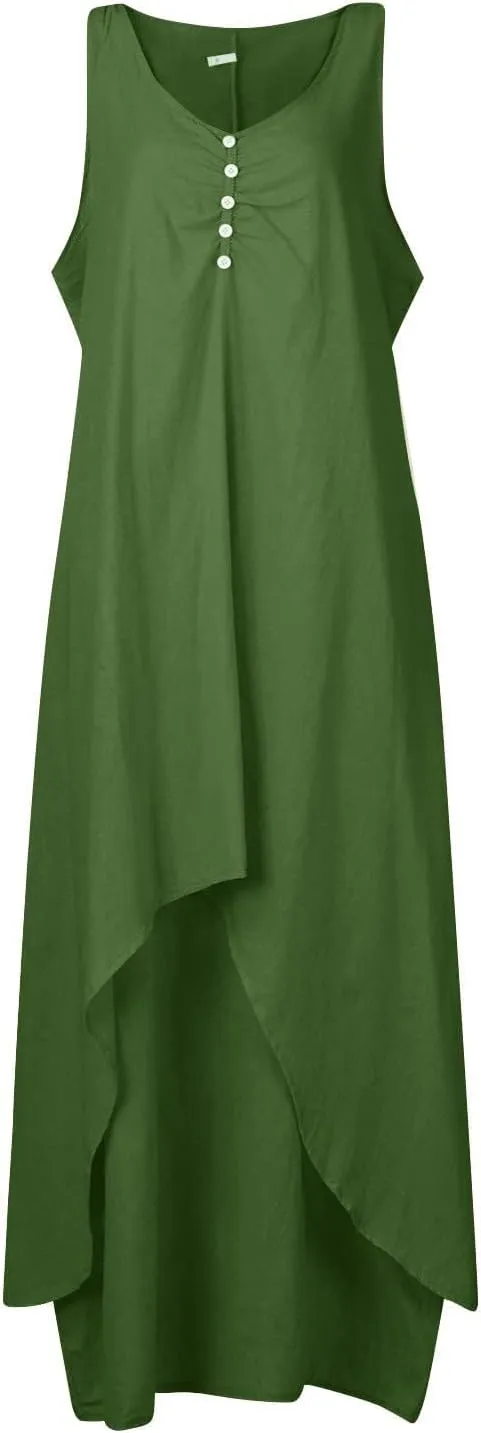 Aymnlox Sundresses for Women 2023 Trendy Casual Cotton Linen Sleeveless Tank Dress with Pockets Summer Double Layer Dresses