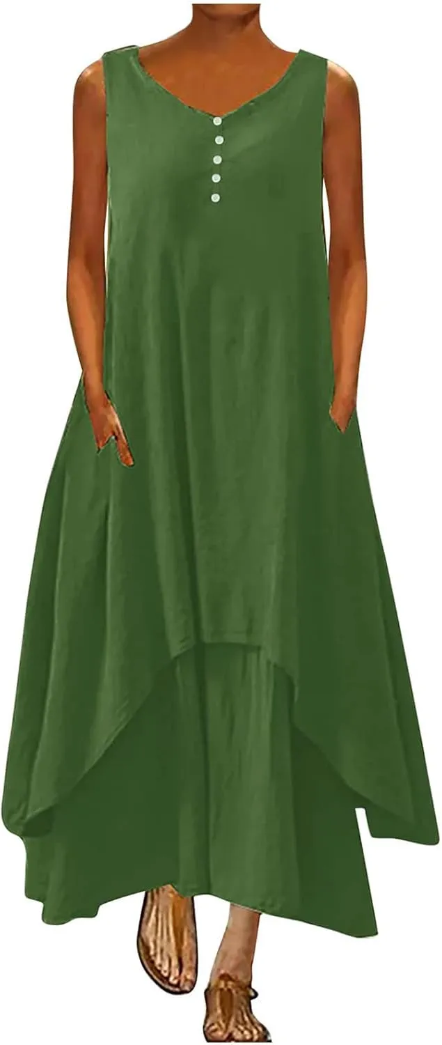 Aymnlox Sundresses for Women 2023 Trendy Casual Cotton Linen Sleeveless Tank Dress with Pockets Summer Double Layer Dresses