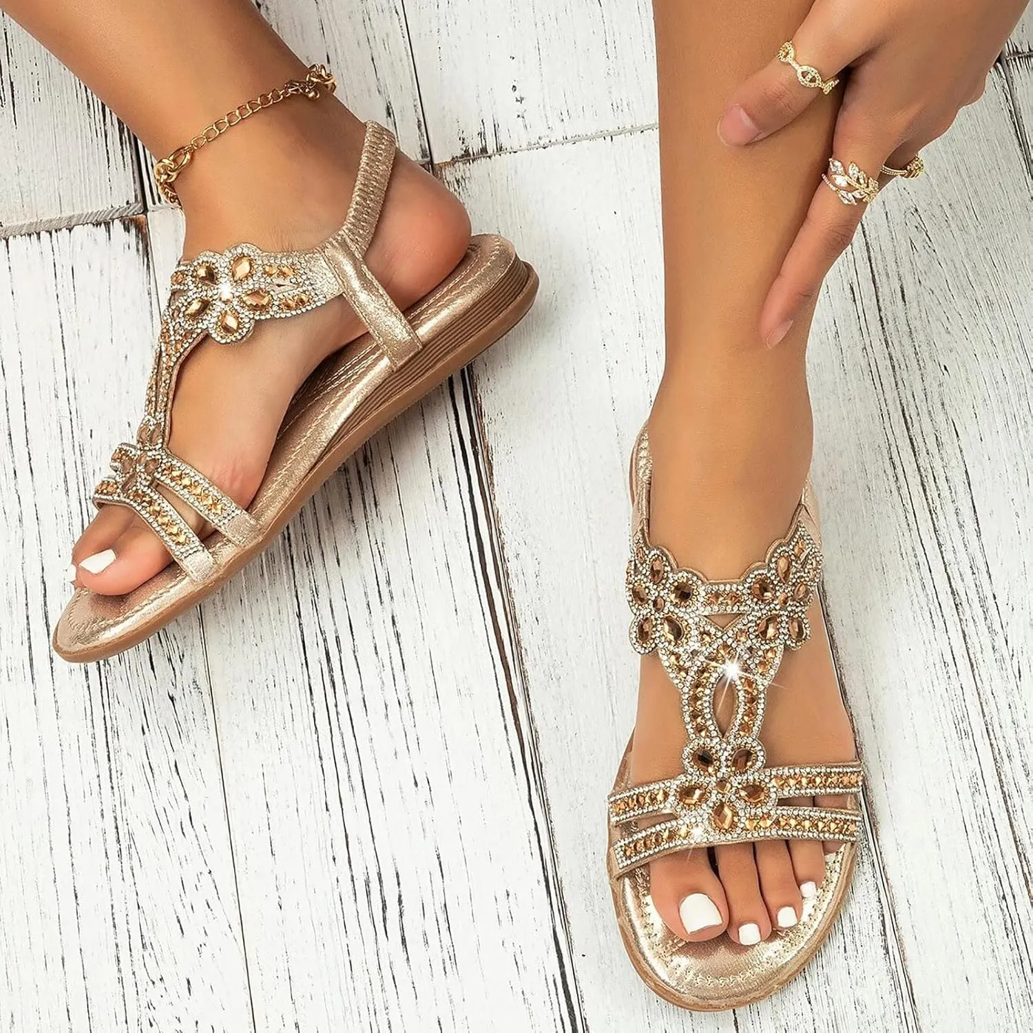 Beach Sandals for Woman 2025 Dressy Summer Flat Casual Rhinestone Beaded Sparkly Bling Bohemian Lace Flower Sandal Comfortable Elastic Ankle Strap Beach Shoes