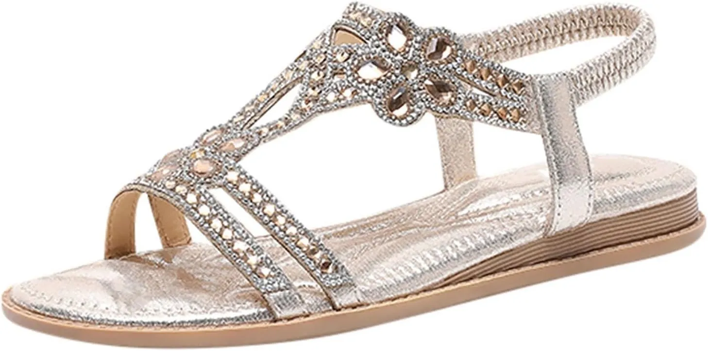 Beach Sandals for Woman 2025 Dressy Summer Flat Casual Rhinestone Beaded Sparkly Bling Bohemian Lace Flower Sandal Comfortable Elastic Ankle Strap Beach Shoes